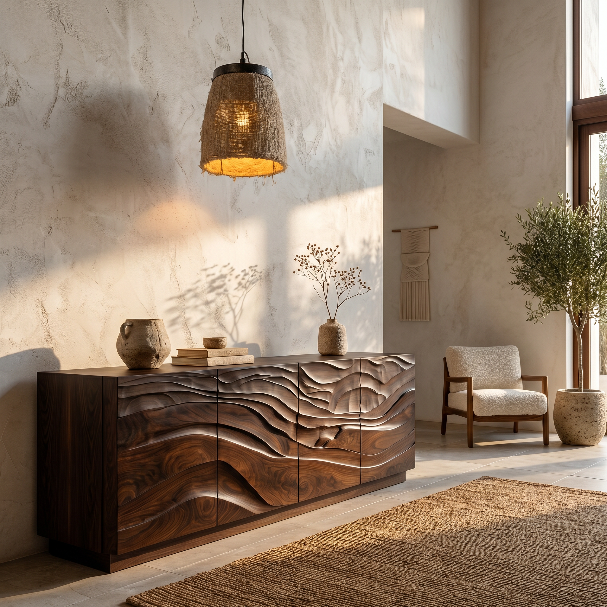 Organic Sideboard With Sculptural Wave Carved Wood Front For Living Room