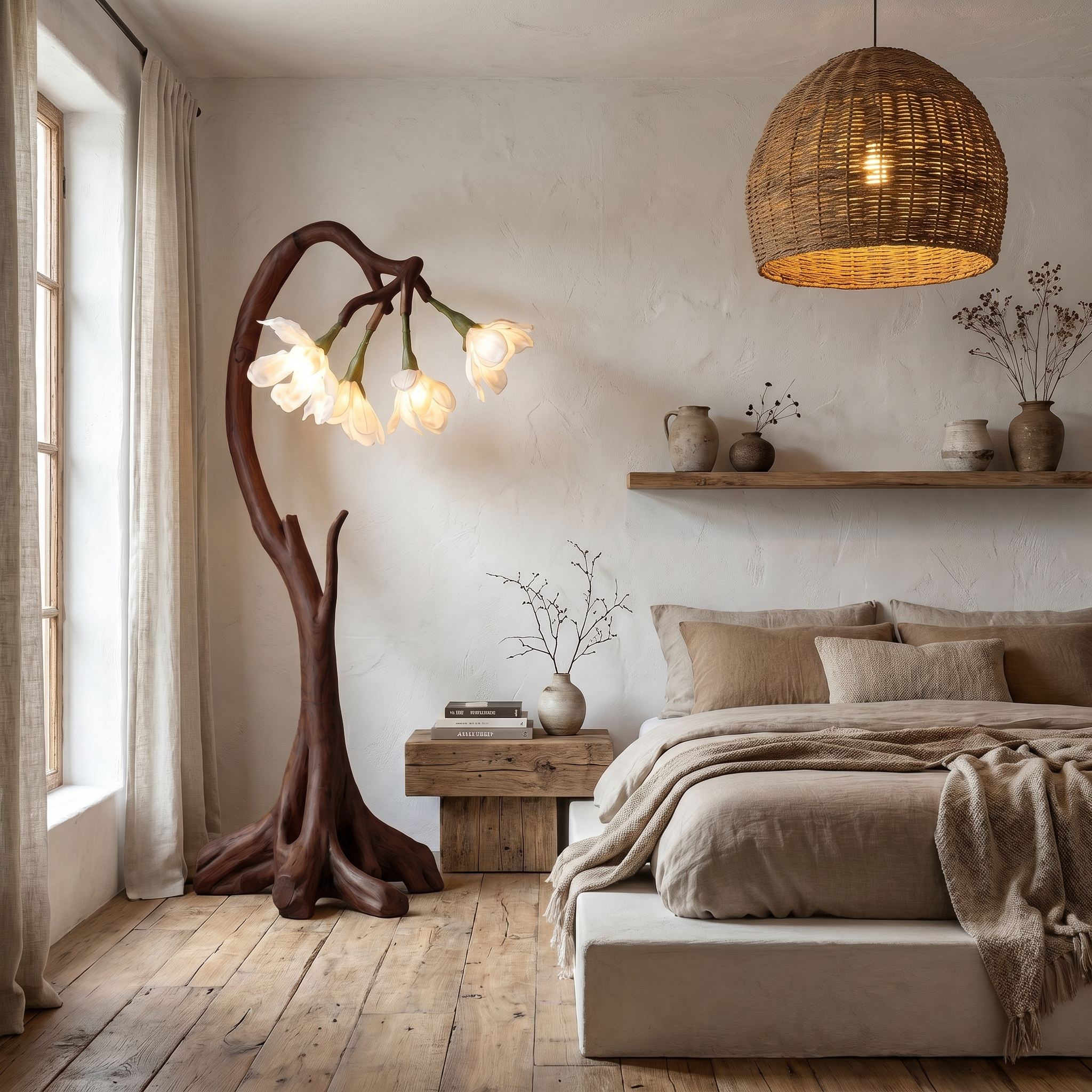 Bloom Floor Lamp With Sculptural Wooden Stand For Living Room And Bedroom