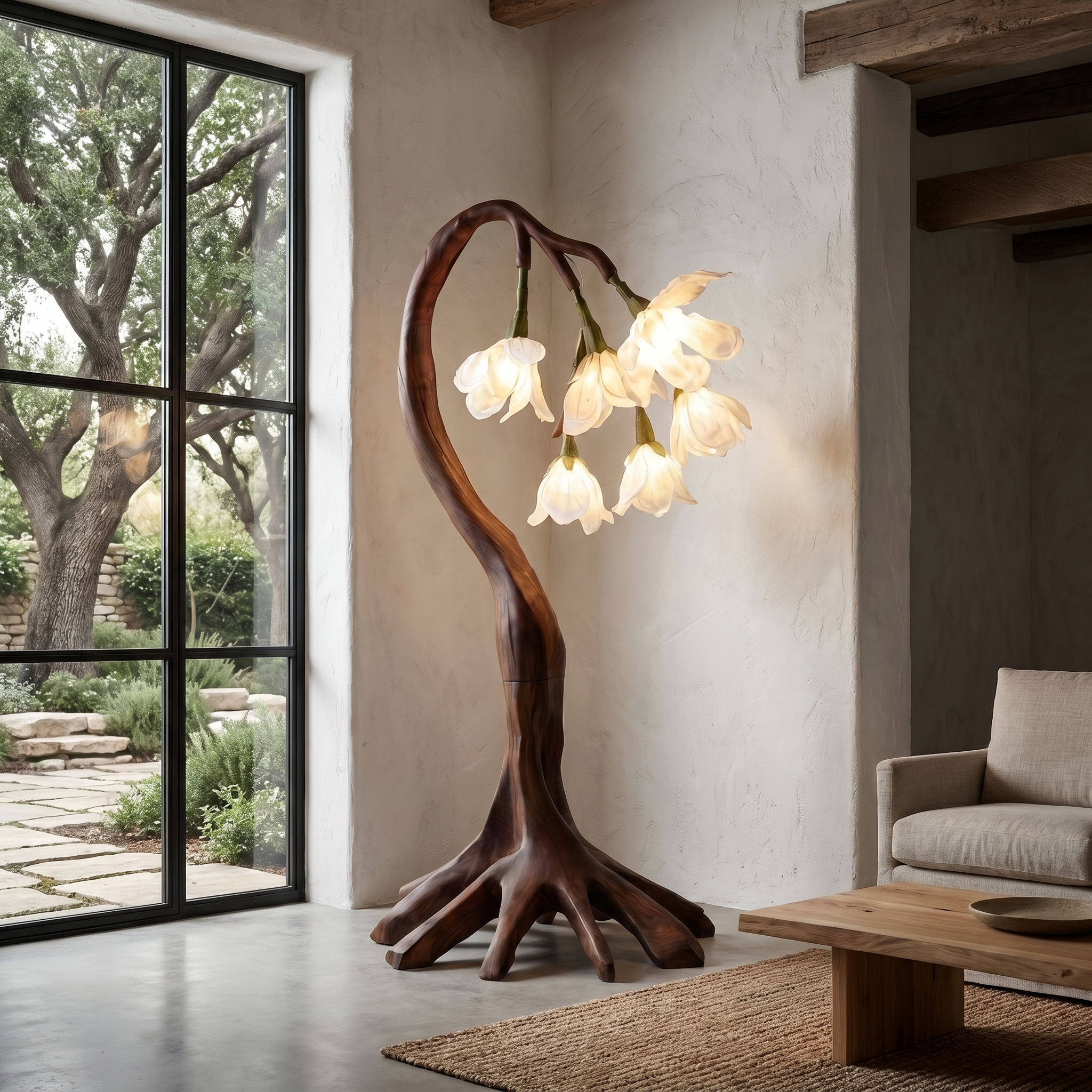 Flower Petal Floor Lamp With Solid Wood Base For Living Room And Bedroom