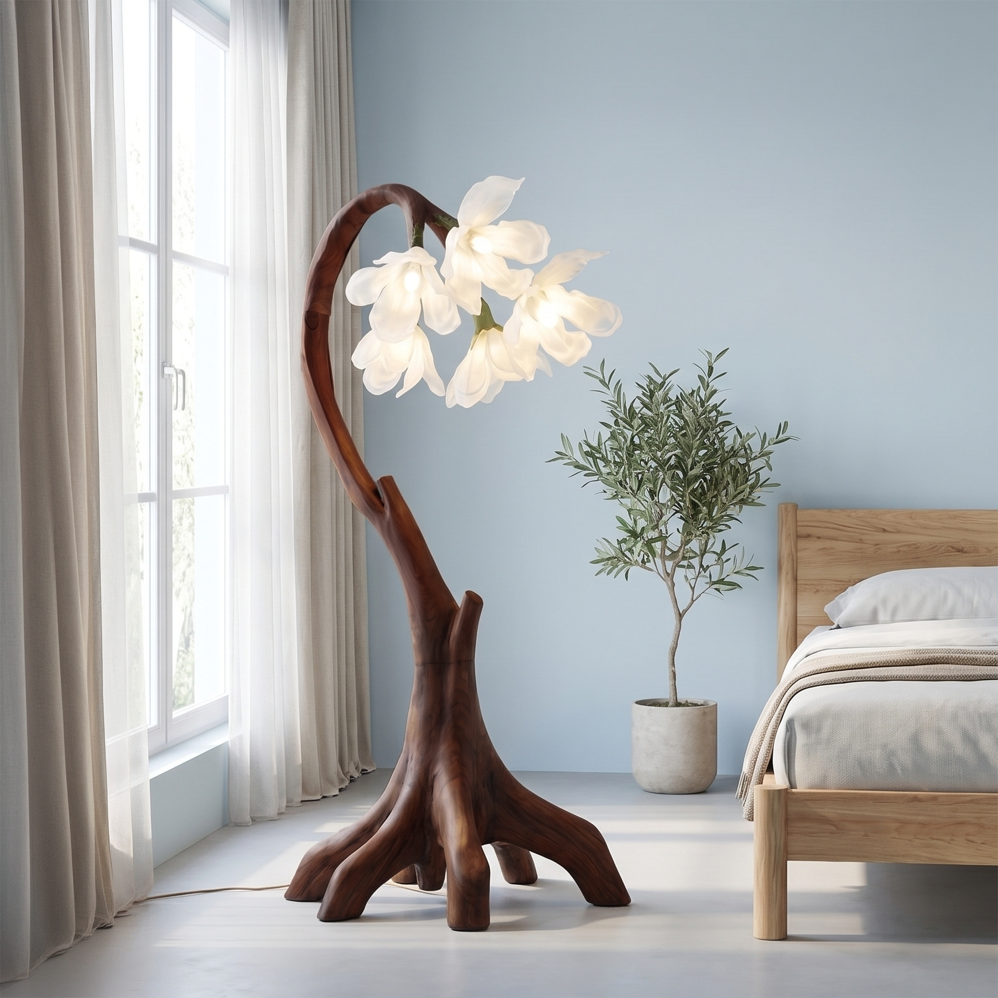 Flower Petal Floor Lamp With Solid Wood Base For Living Room And Bedroom