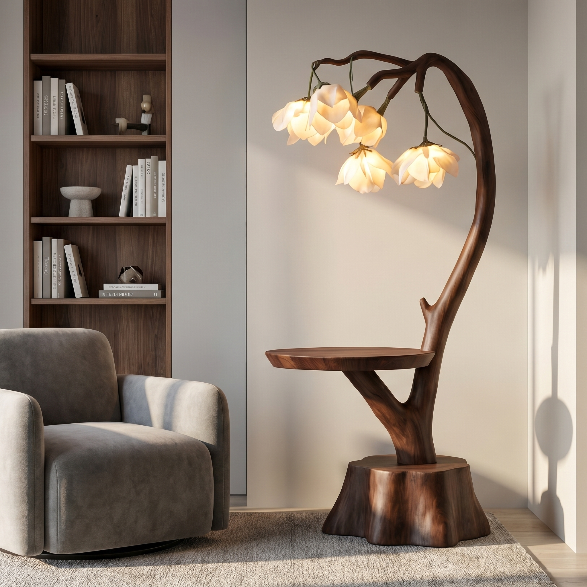 Sculptural Flower Floor Lamp With Handmade Wood Base For Living Room And Bedroom