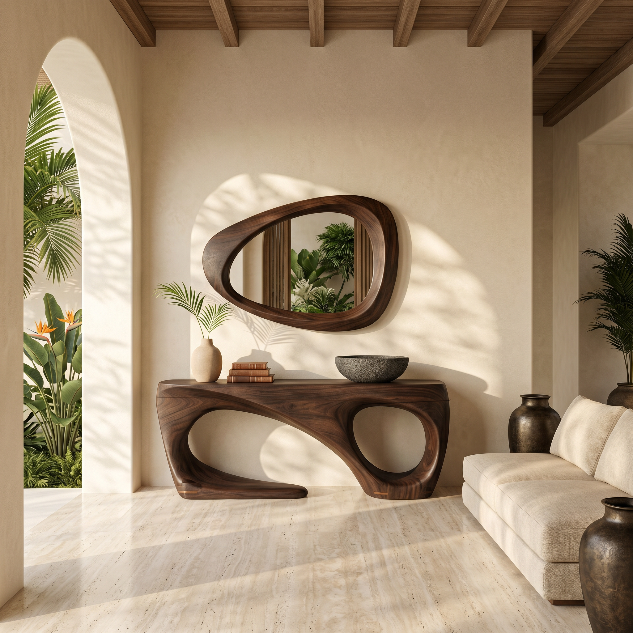 Rustic Console Table With Handcrafted Flowing Design For Living Room