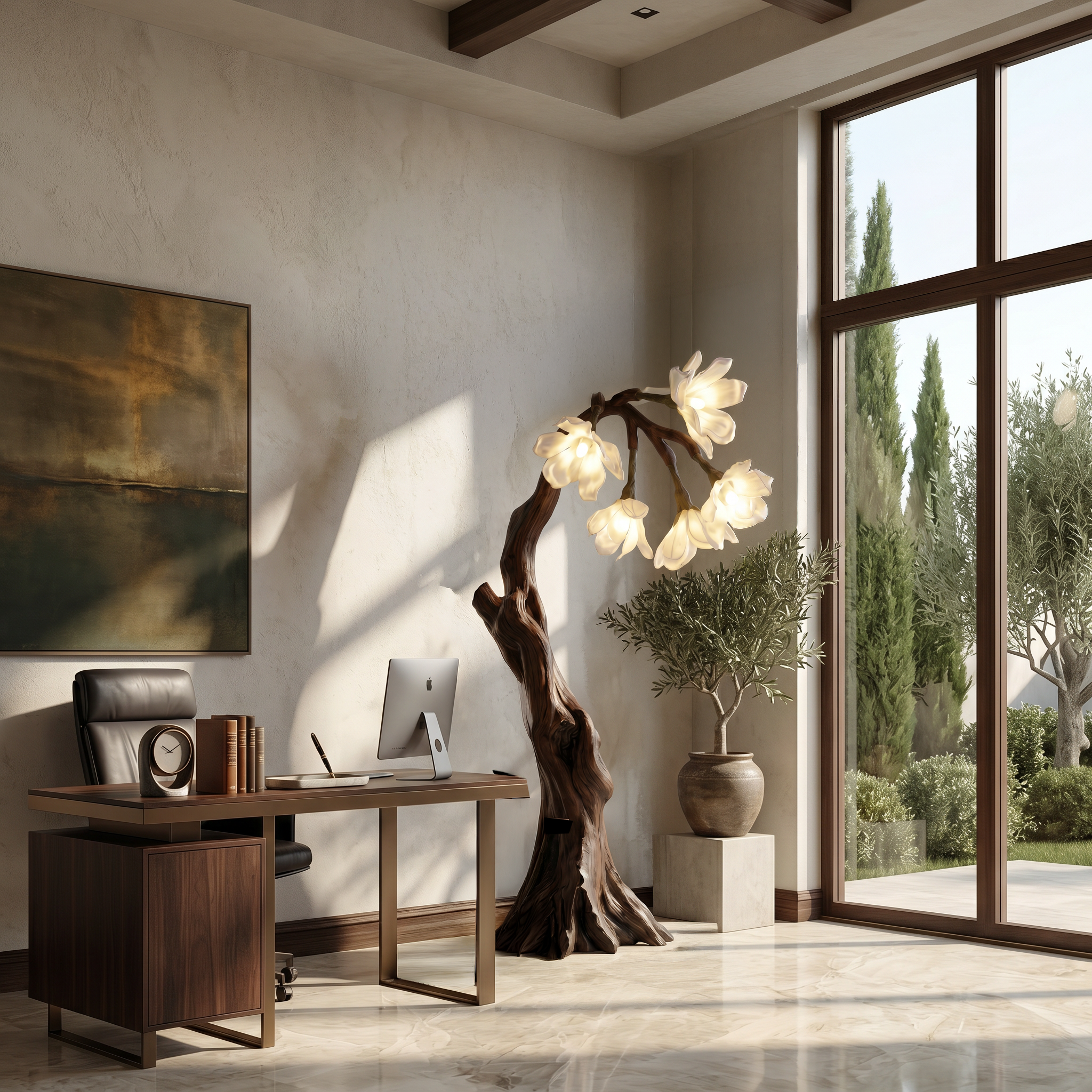 Botanical Standing Lamp With Flower Shade For Living Room And Bedroom