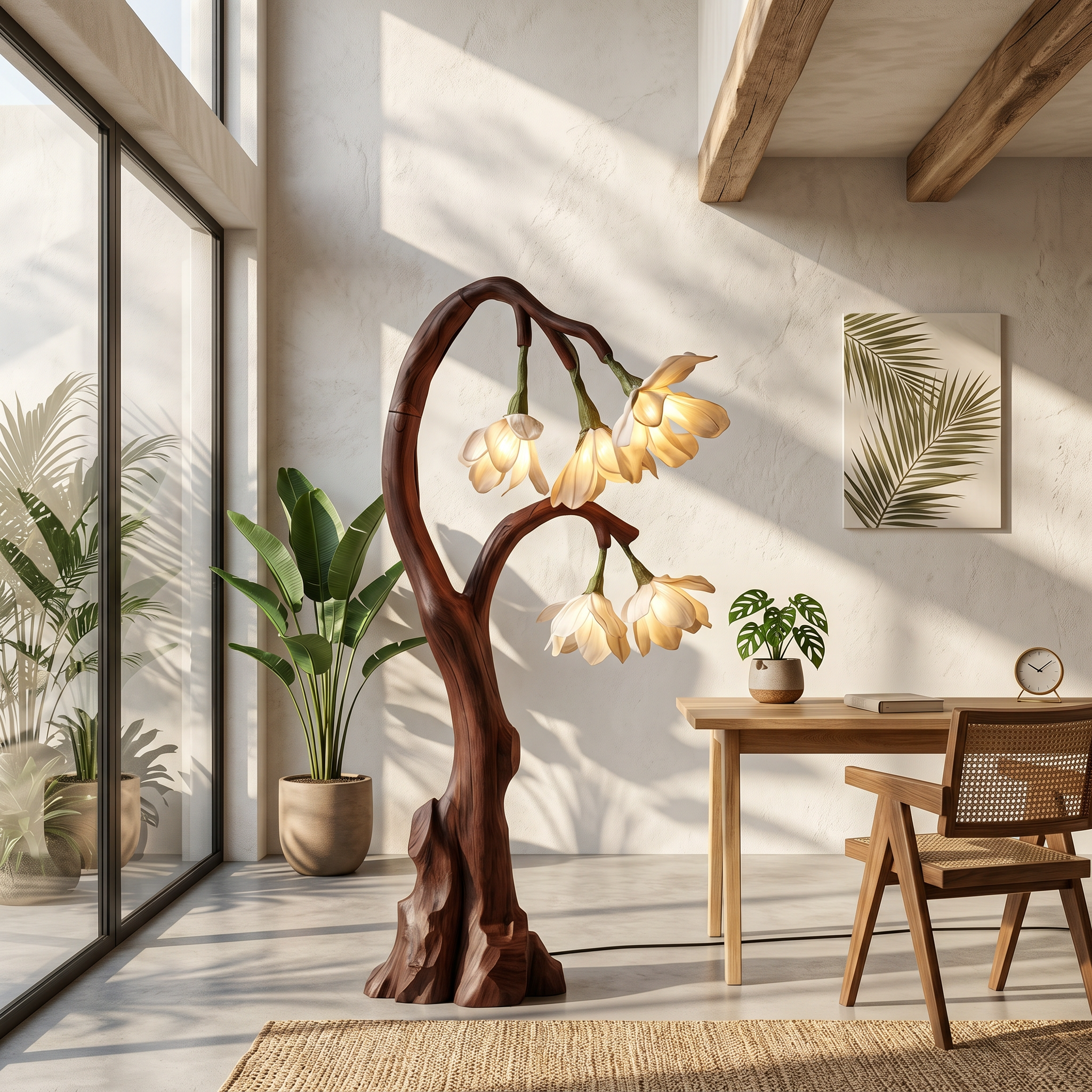 Artistic Floral Floor Lamp With Natural Wood Base For Living Room And Bedroom