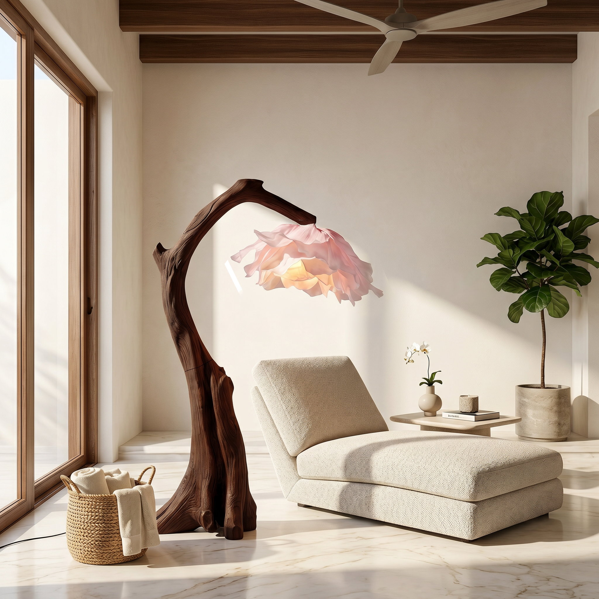 Handmade Flower Floor Lamp With Sculptural Wood Base For Living Room And Bedroom