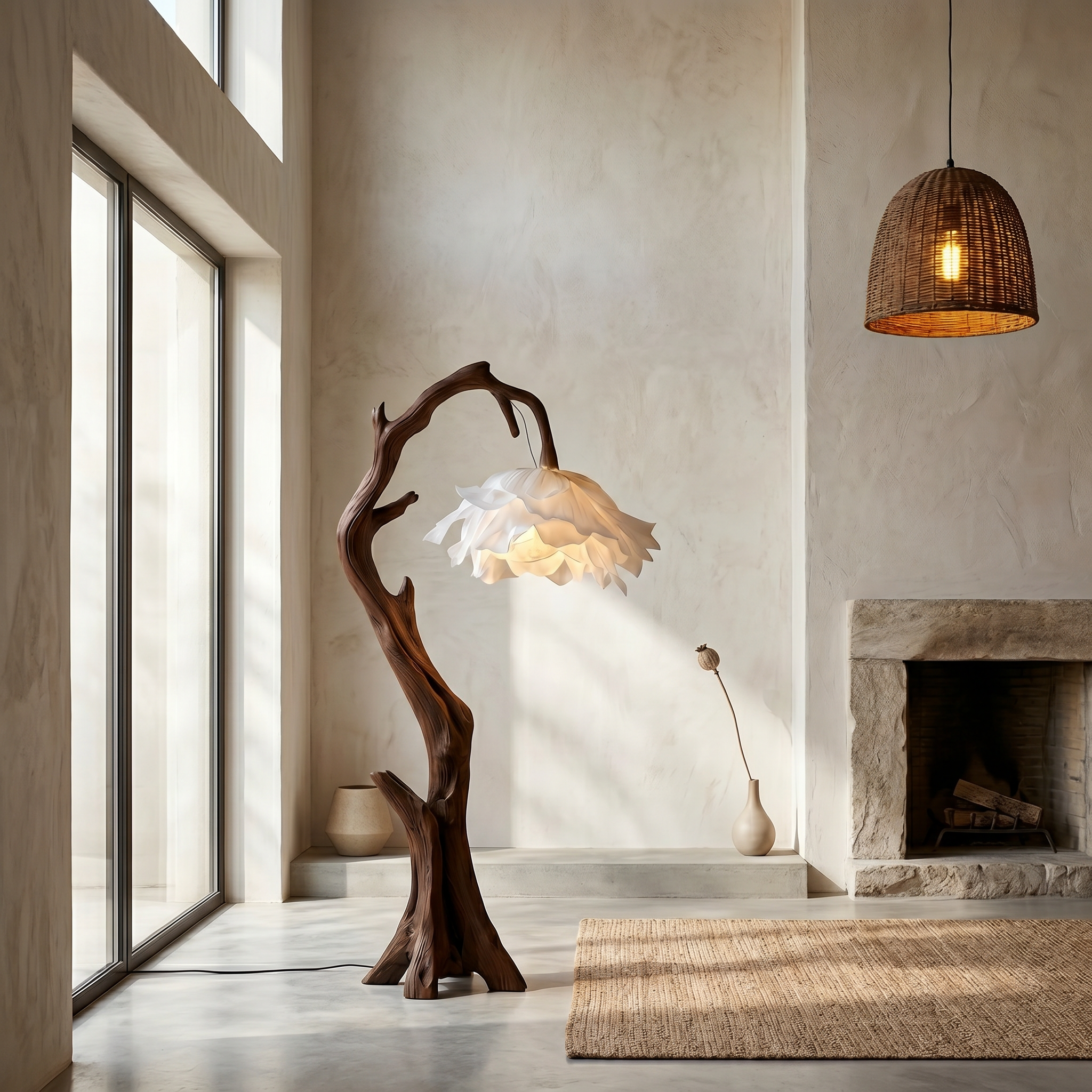 Nature Inspired Flower Floor Lamp With Solid Wood Base For Living Room And Bedroom