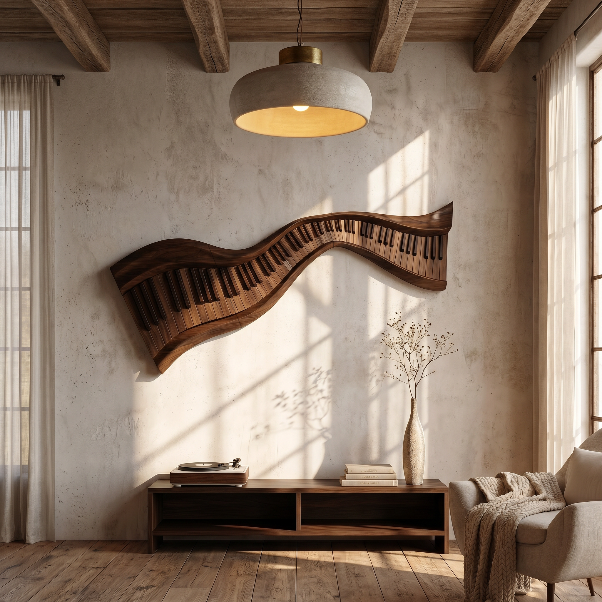 Organic Abstract Keyboard Wave Wooden Wall Sculpture For Living Room