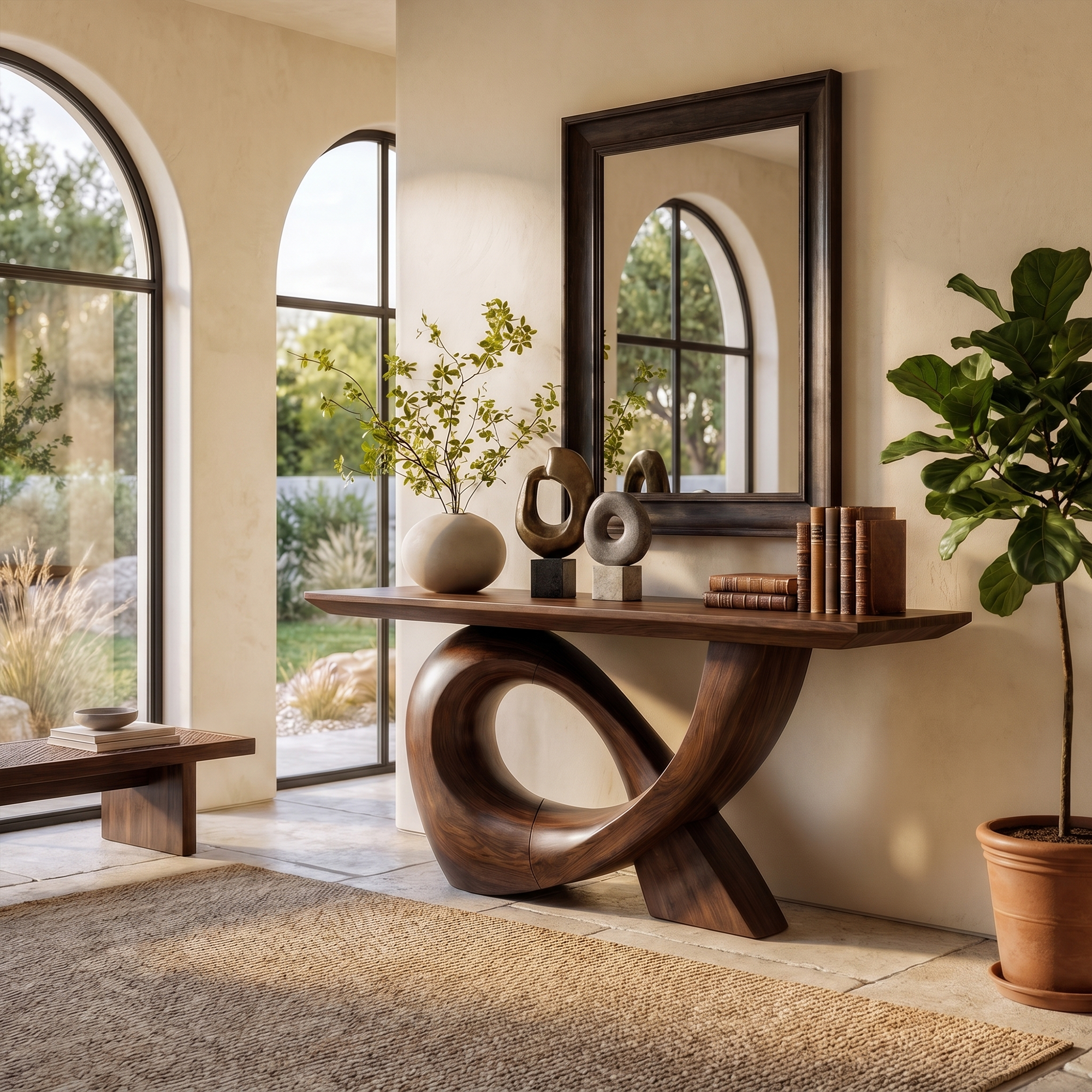 Sculptural Console Table With Flowing Curved Wood Base For Entryway And Living Room