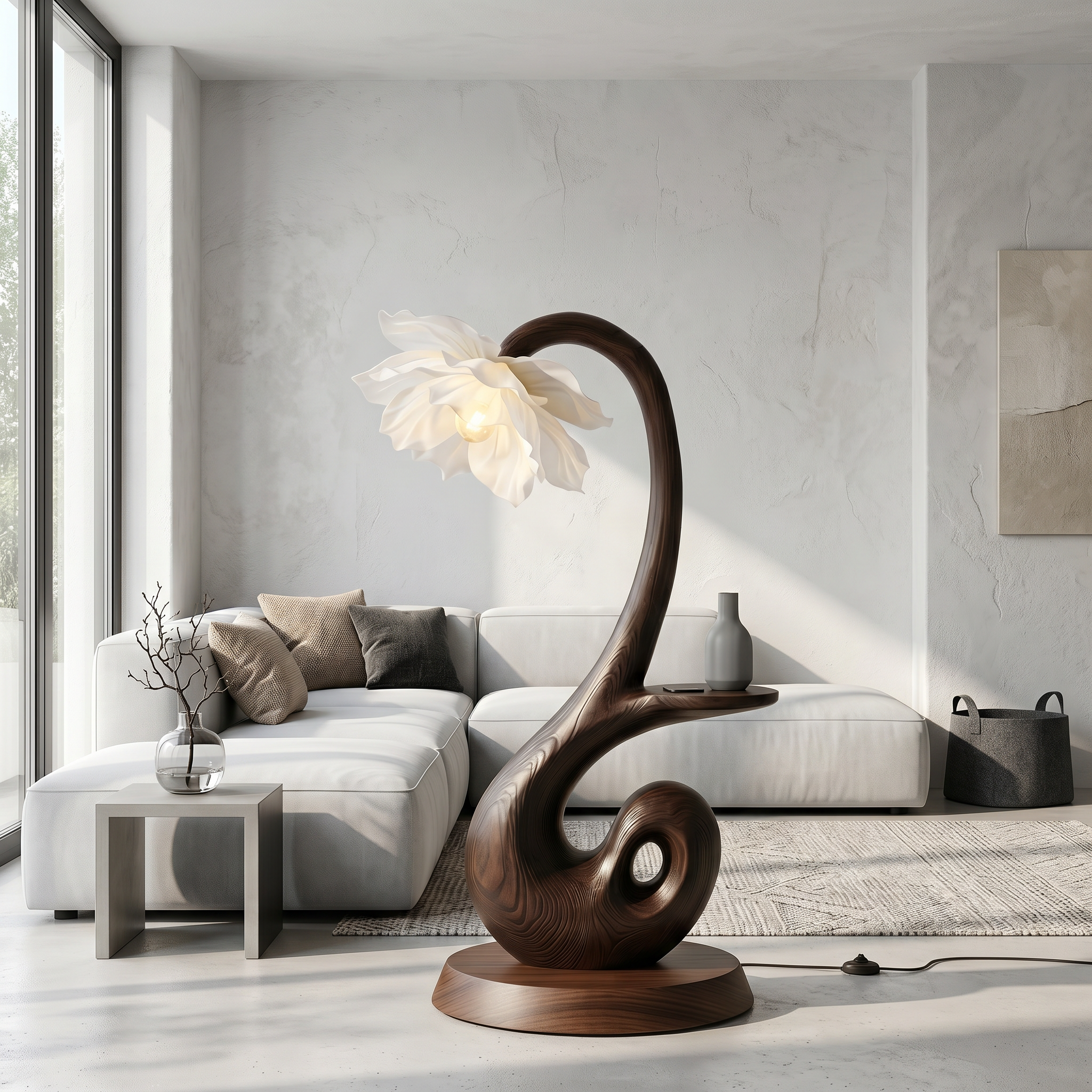 Nature Inspired Floor Lamp With Blooming Flower Shade And Display Shelf For Reading Nook