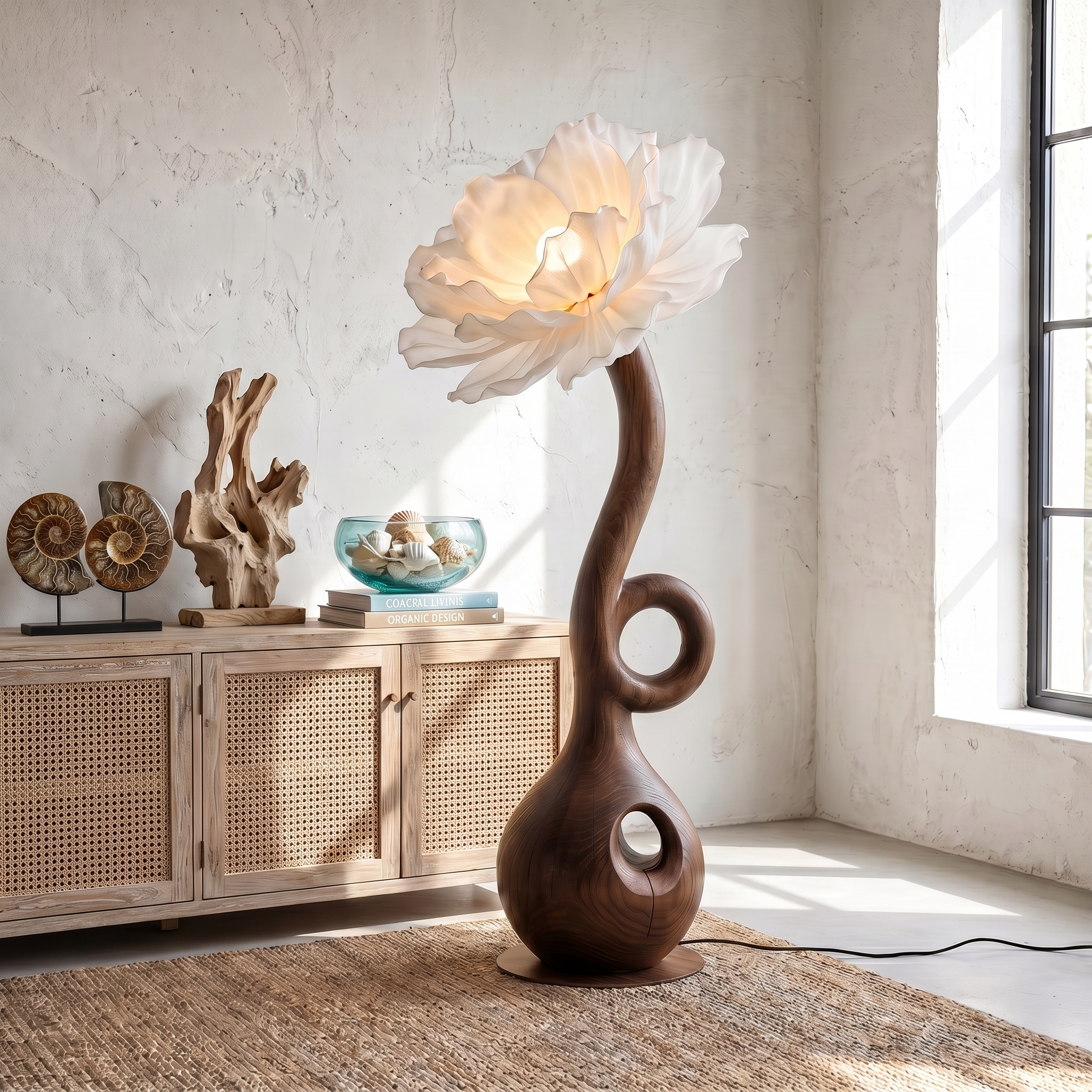 Sculptural Floor Lamp With Floral Accent Design For Bedroom And Reading Room