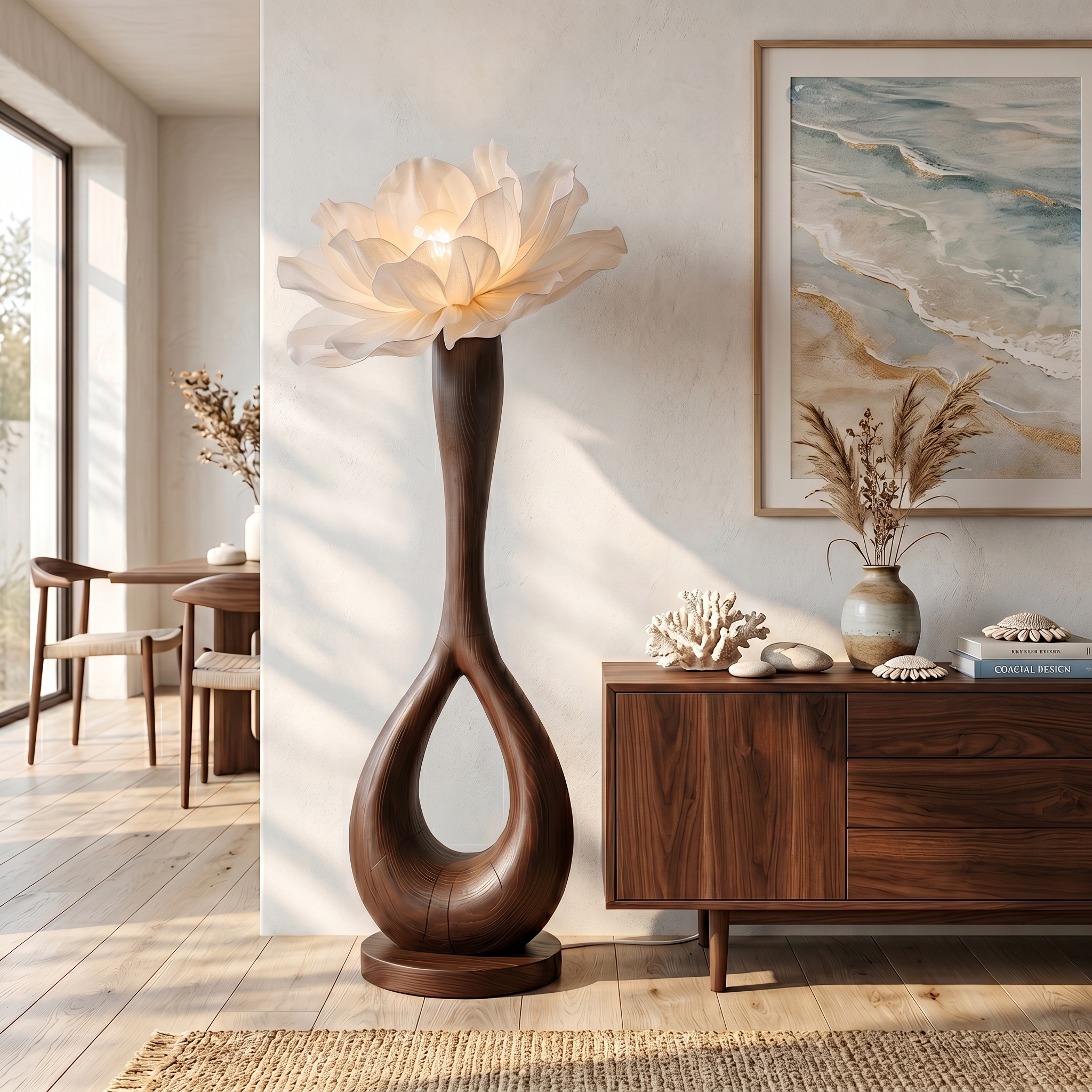 Handcrafted Floor Lamp With Blooming Flower Sculpture For Living Room