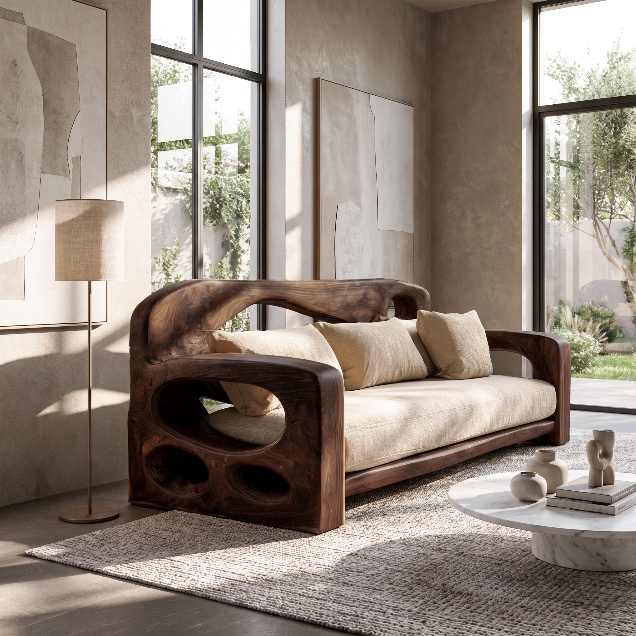 Modern Sofa Frame With Sculptural Solid Wood Armrests For Living Room