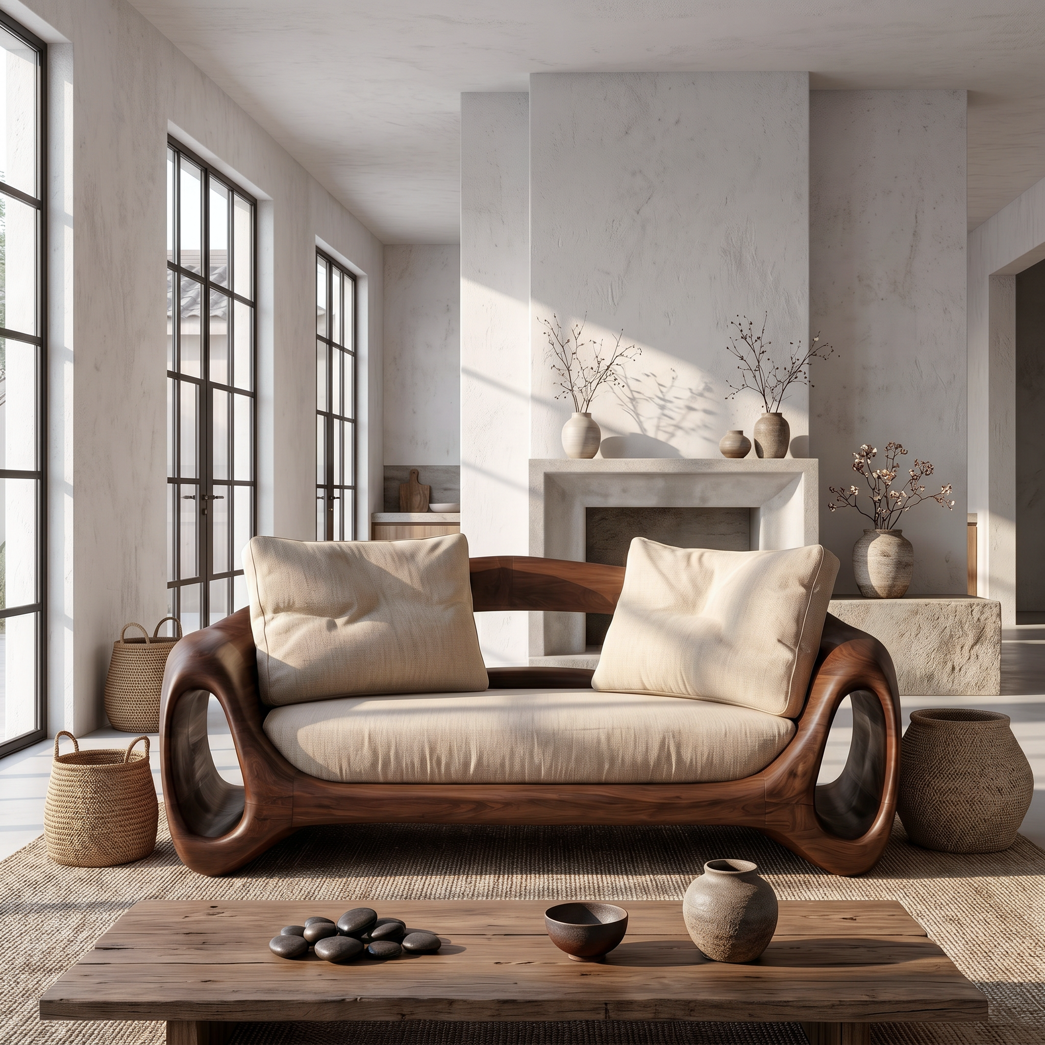 Organic Sofa Frame With Sculptural Circular Armrests For Living Room