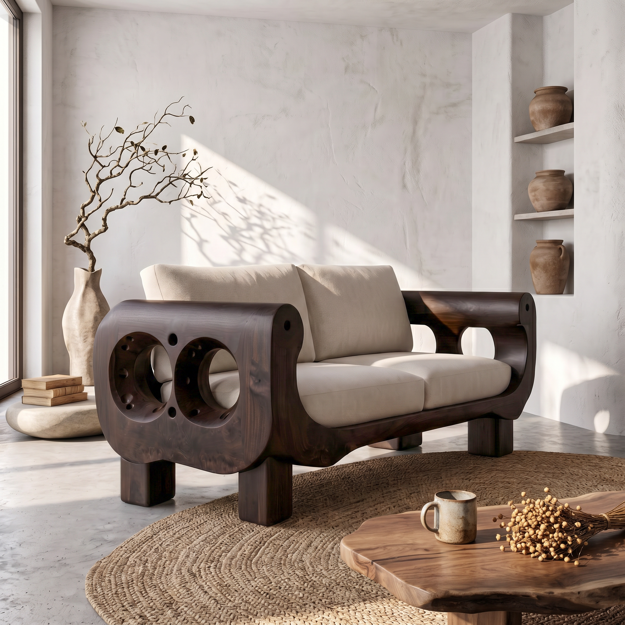 Rustic Sofa Frame With Handcrafted Sculptural Wood Design For Living Room