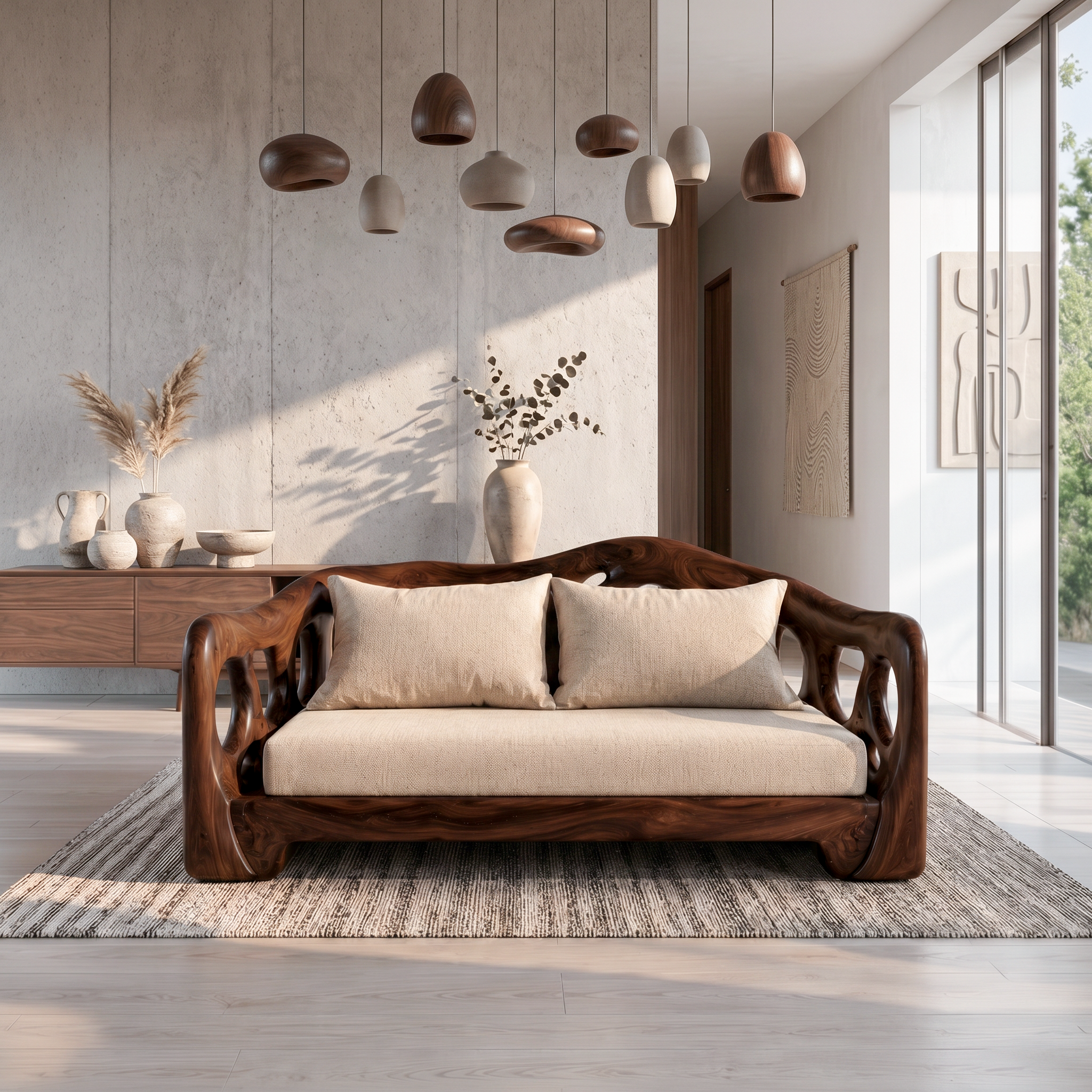 Modern Sofa With Sculptural Solid Wood For Living Room