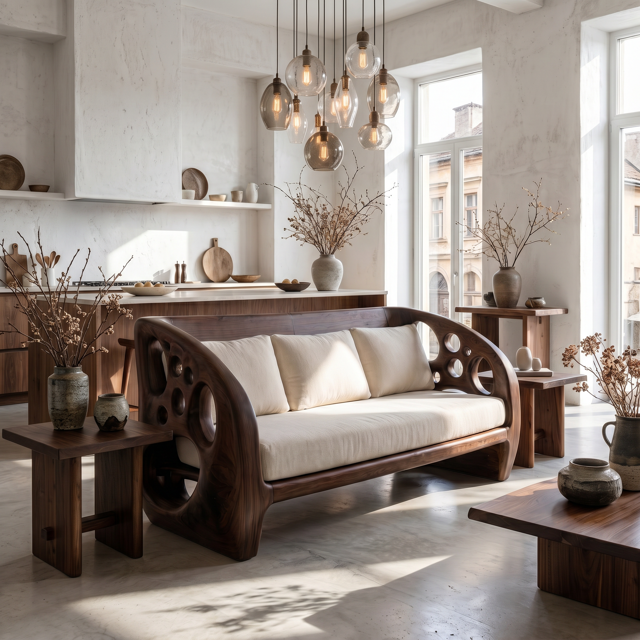 Modern Organic Sofa With Sculptural Perforated Wood Frame