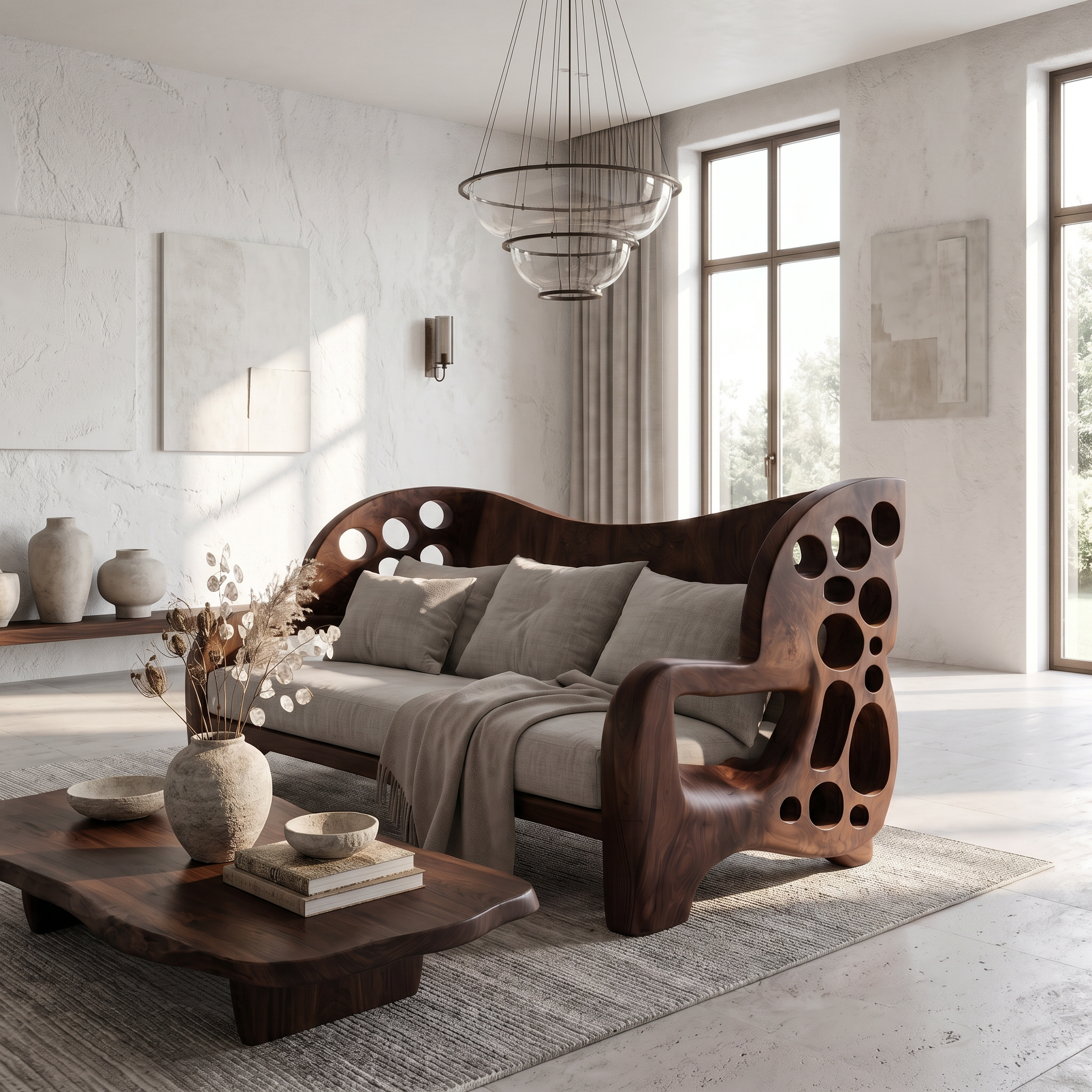 Organic Sofa Frame With Sculptural Openwork Armrests For Living Room