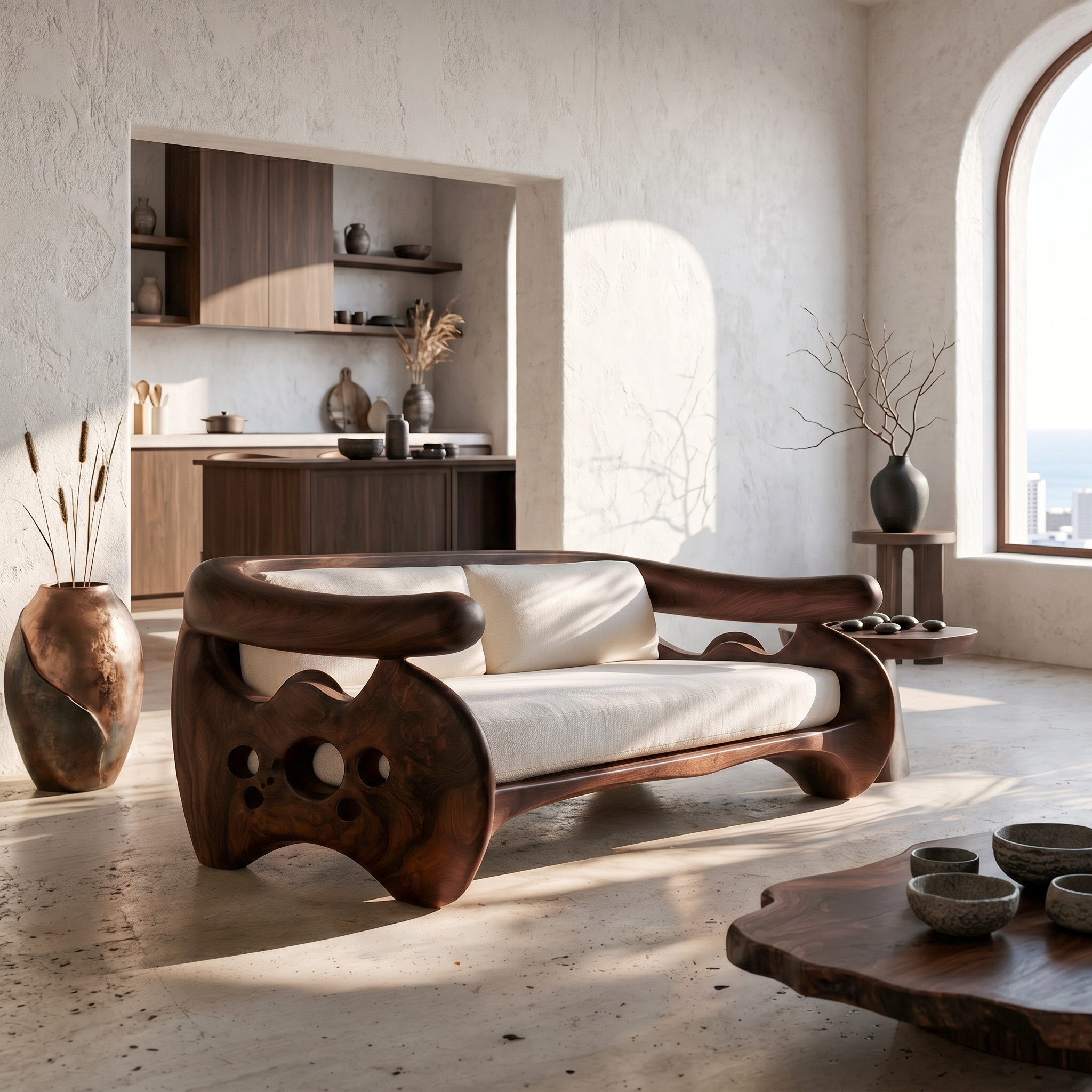 Organic Curved Sofa With Sculptural Wooden Base For Living Room
