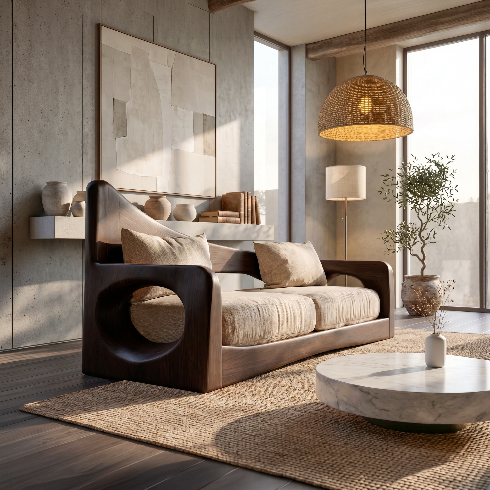 Modern Organic Sofa With Sculptural Perforated Wood Frame