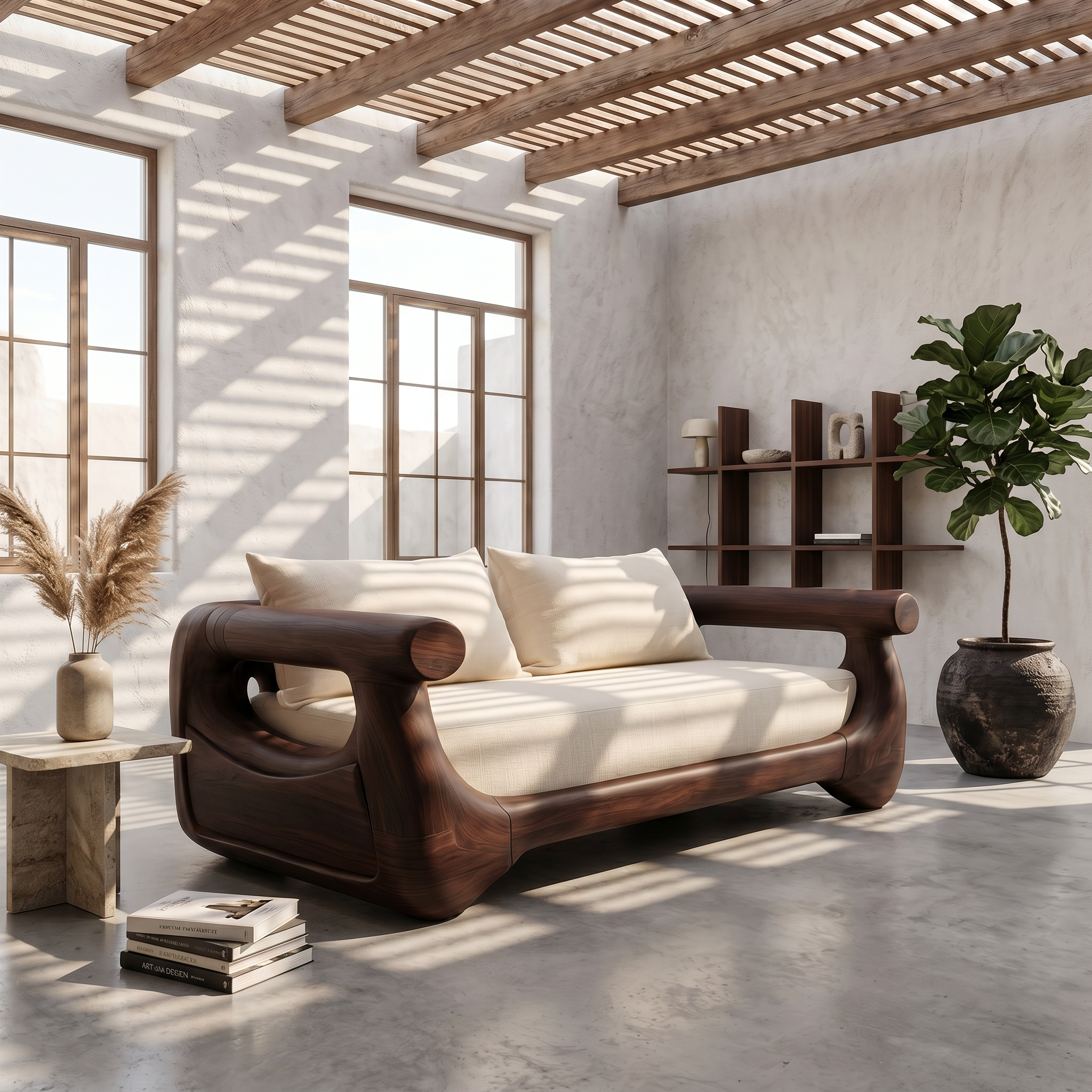 Modern Sofa With Sculptural Perforated Wood Frame For Living Room