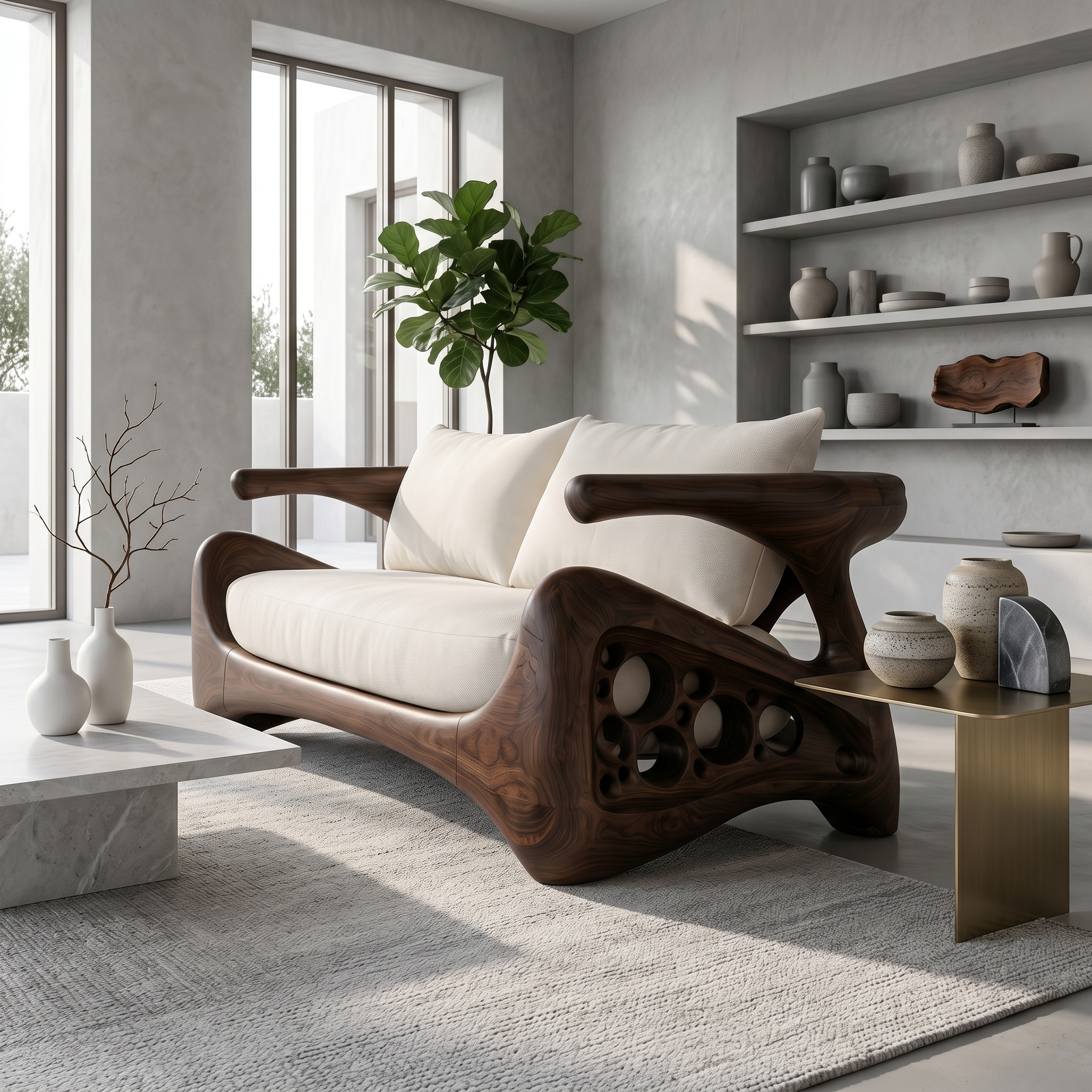 Natural Sofa Frame With Bold Sculptural Armrests For Living Room