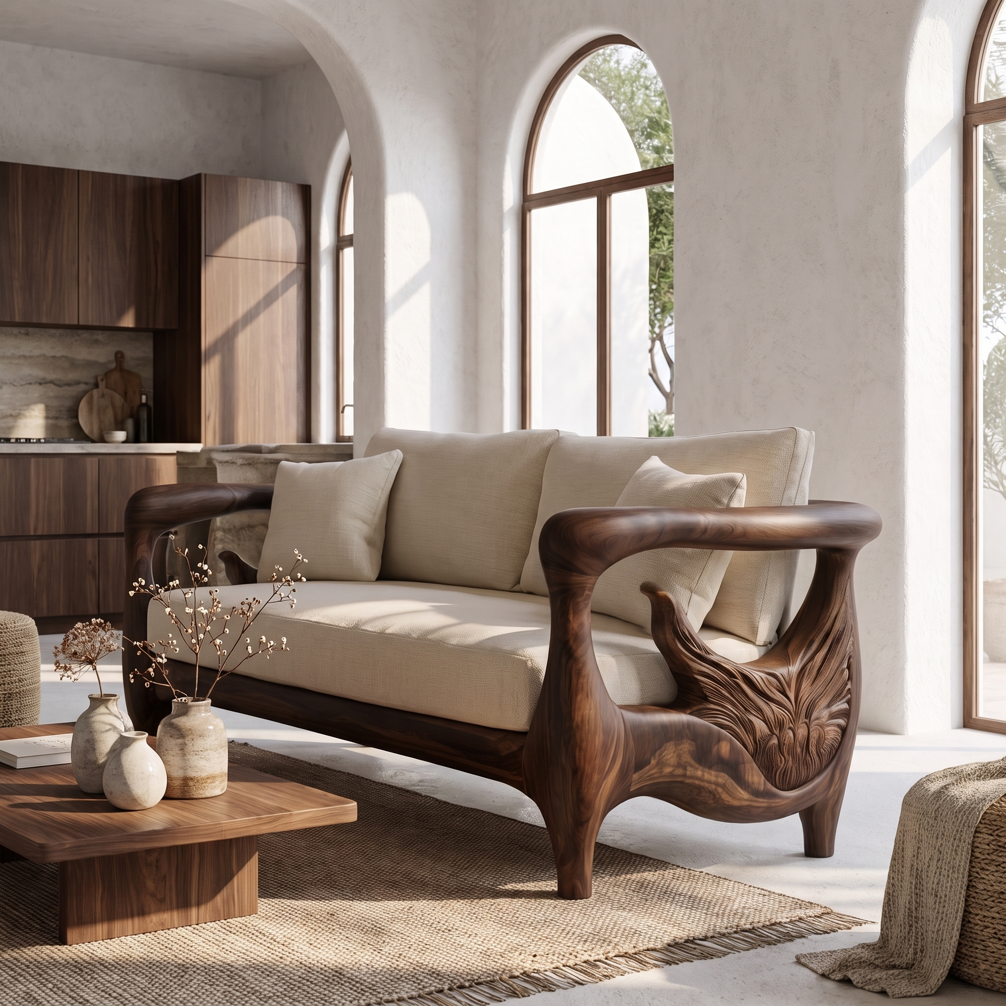 Nature Inspired Sofa Frame With Handcrafted Wheel Armrests For Living Room