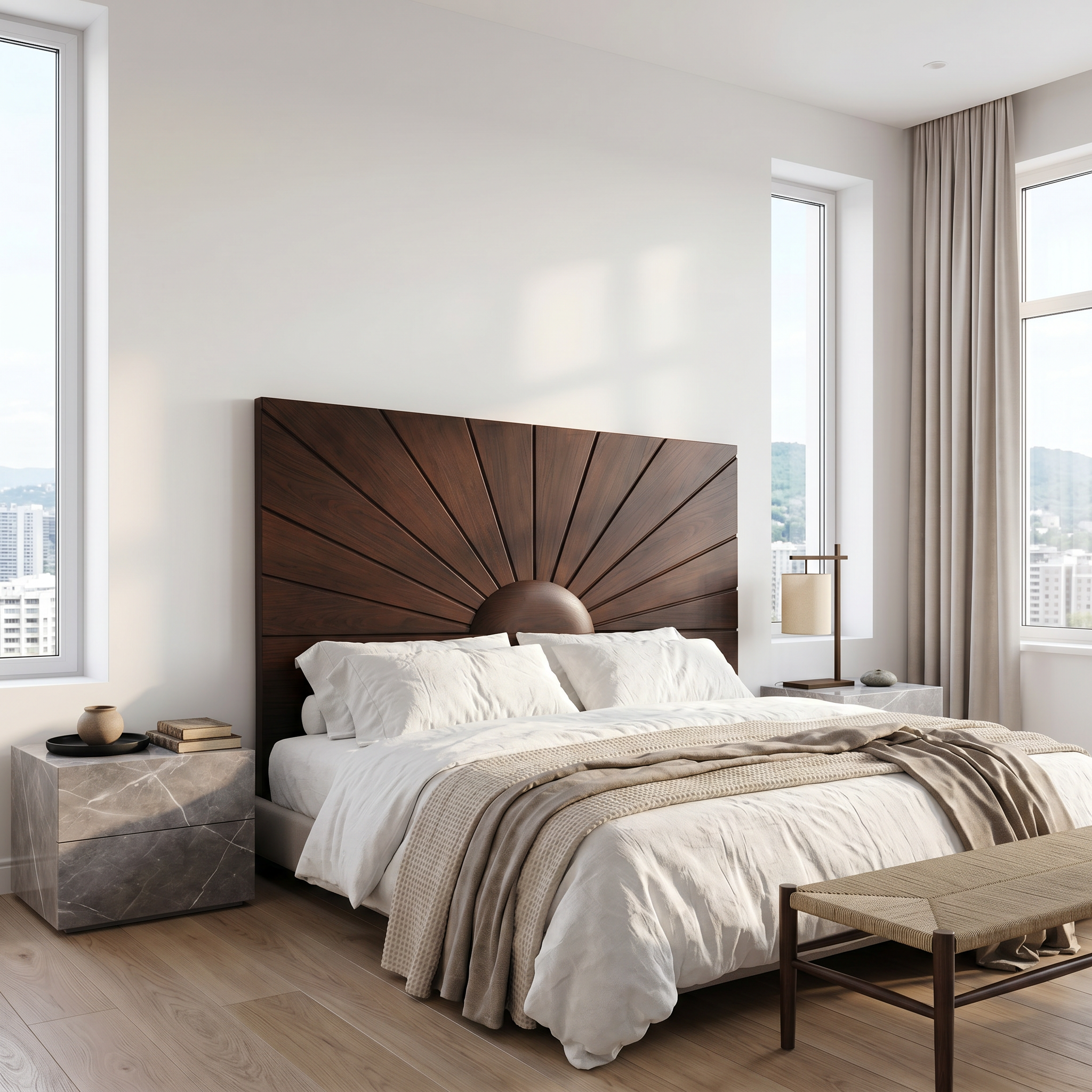 Organic Sunburst Headboard Solid Wood Bed Headboard For Bedroom