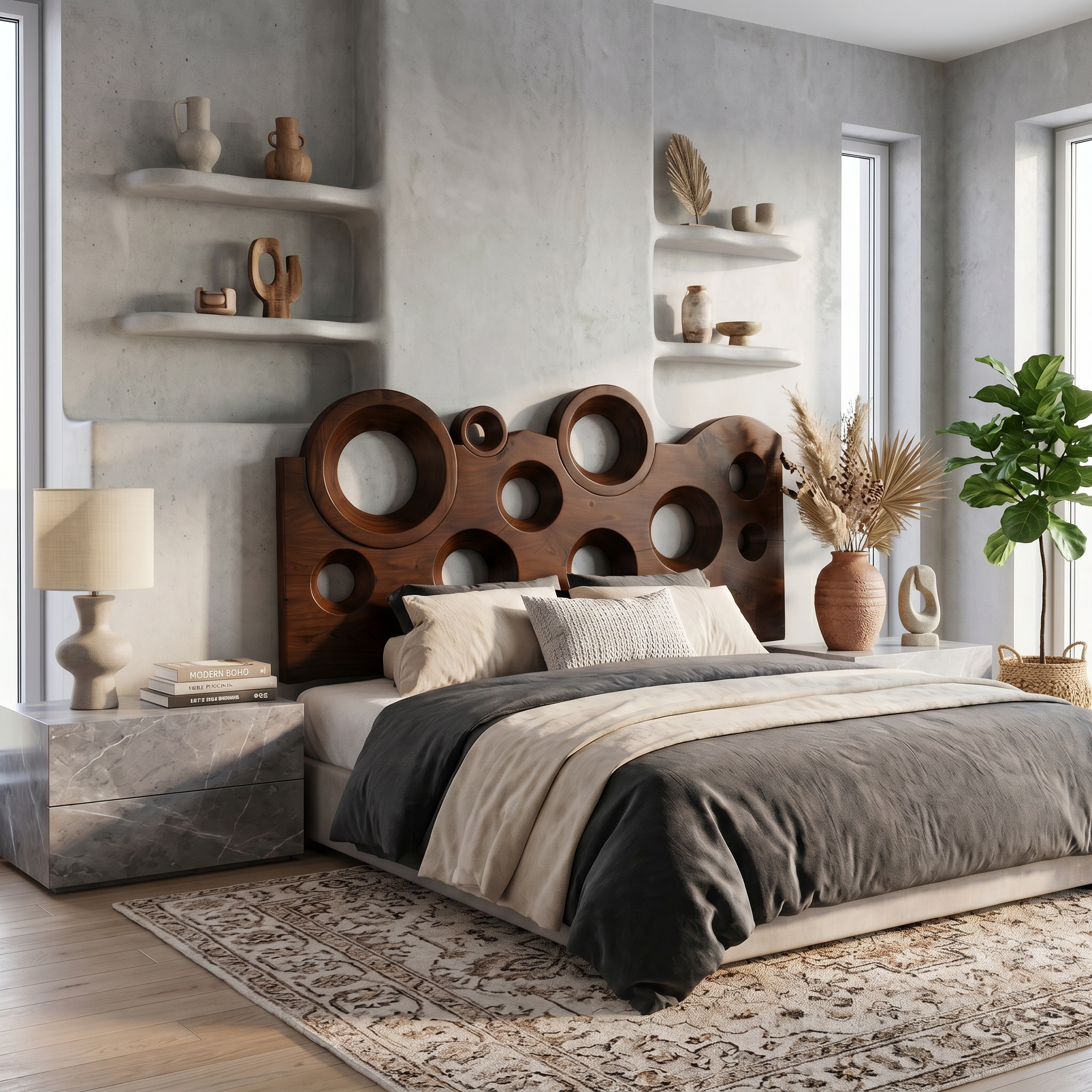 Modern Circular Cutout Headboard Solid Wood Bed Headboard For Bedroom