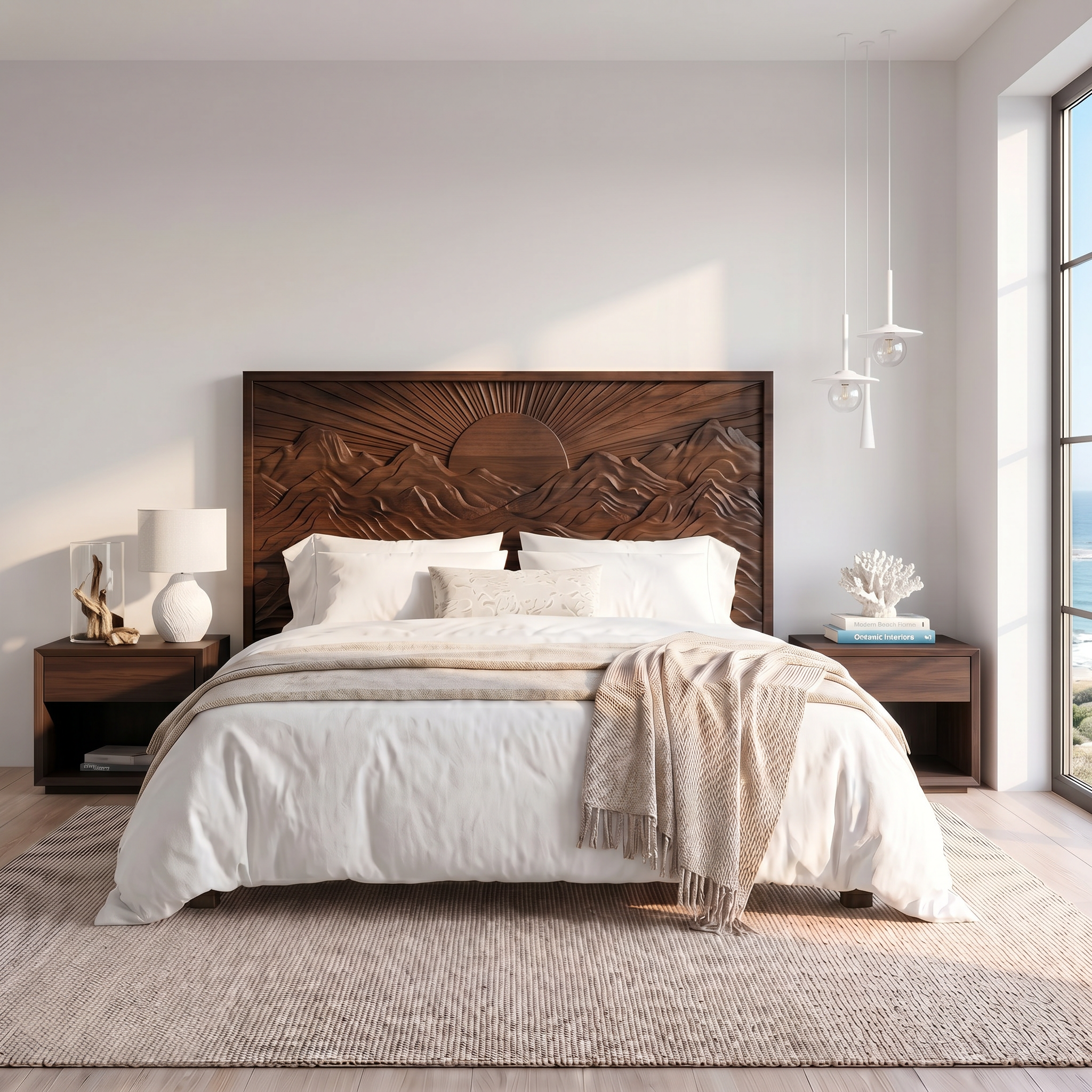Mid Century Sunrise Headboard Wooden Bed Headboard For Bedroom