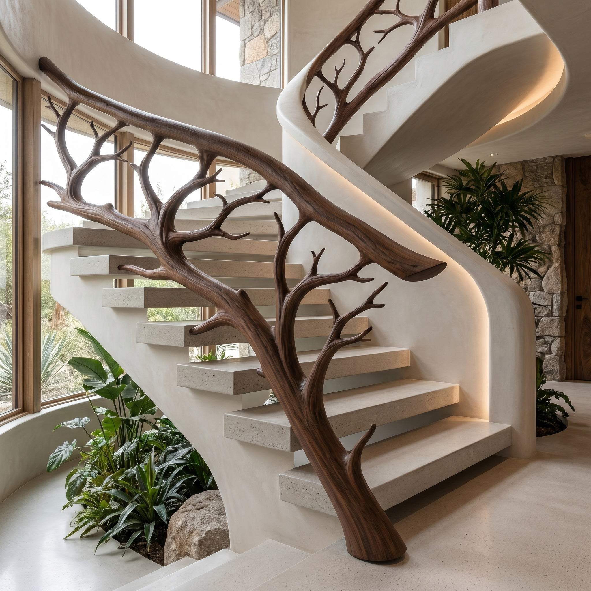 Rustic Tree Branch Stair Railing With Organic Wood Design For Interior Staircase