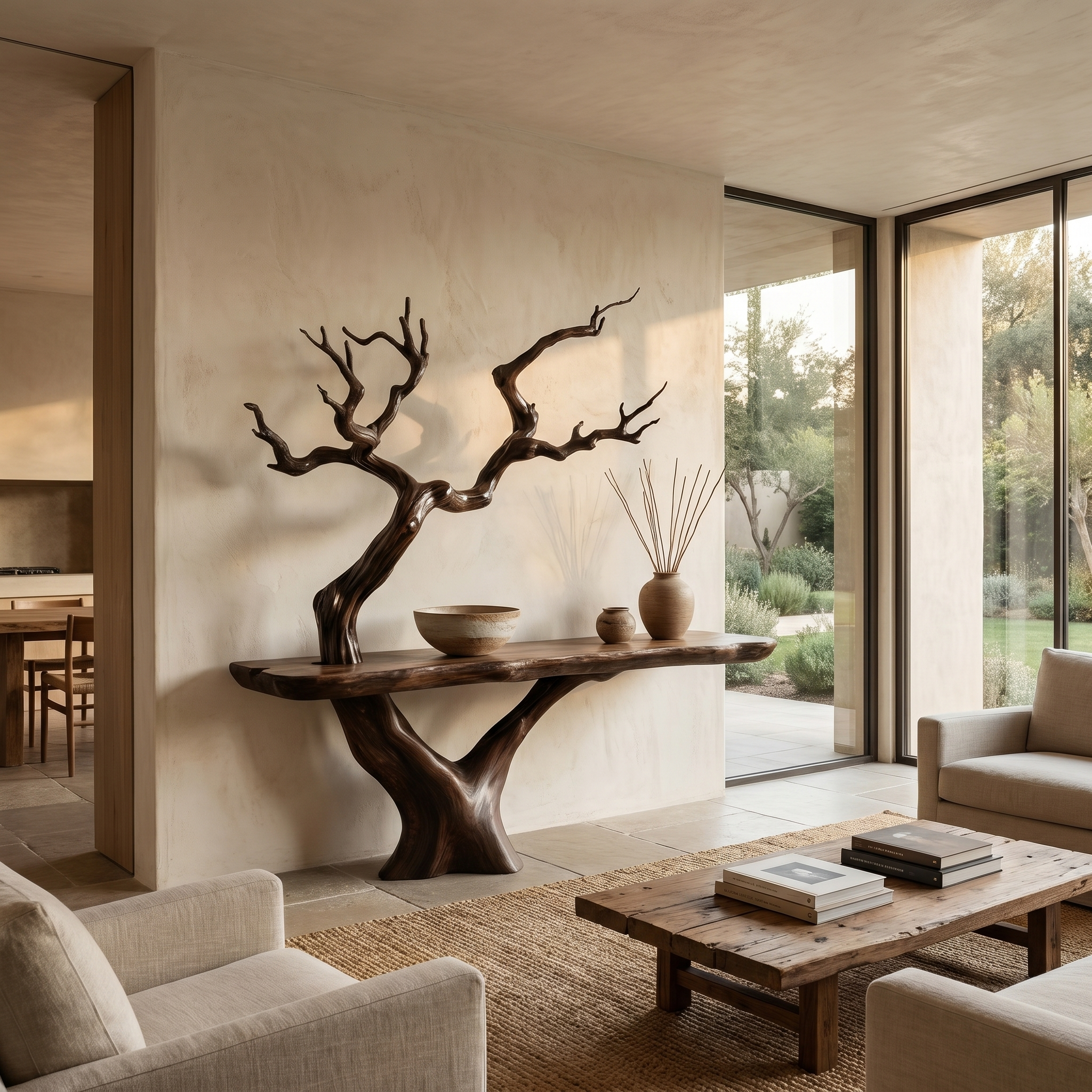 Rustic Console Table With Sculptural Tree Branch Base And Live Edge Wood Top For Entryway And Living Room