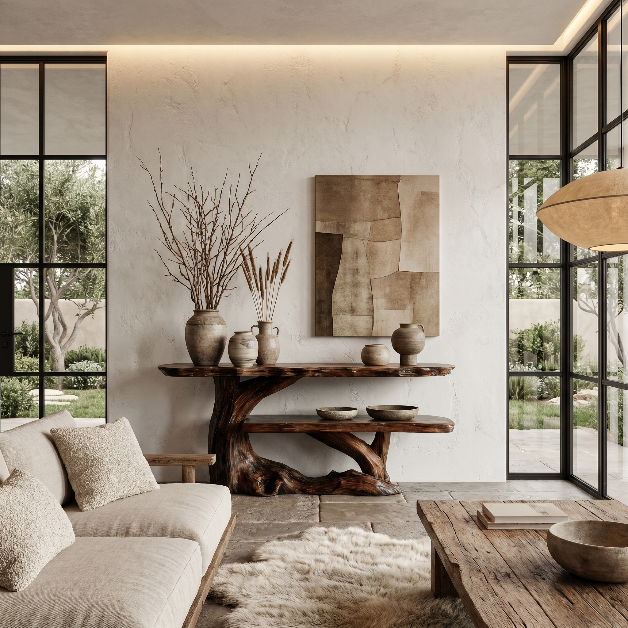 Nature Inspired Console Table With Sculptural Wood Branch Design For Hallway