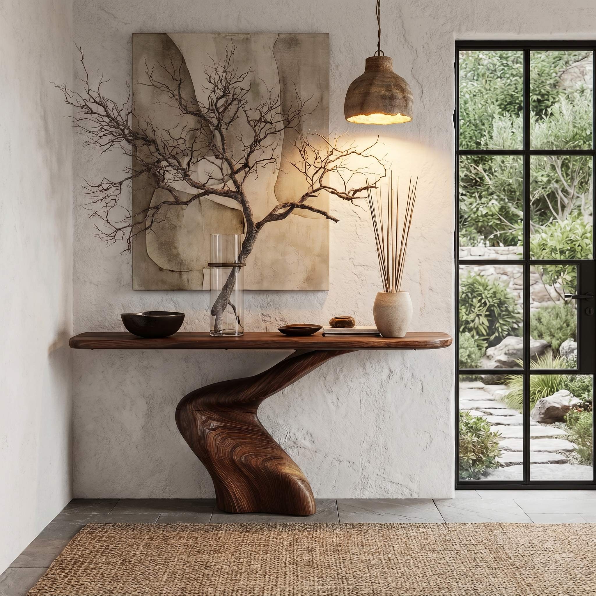 Organic Console Table With Sculptural Twisted Solid Wood Base For Entryway And Living Room