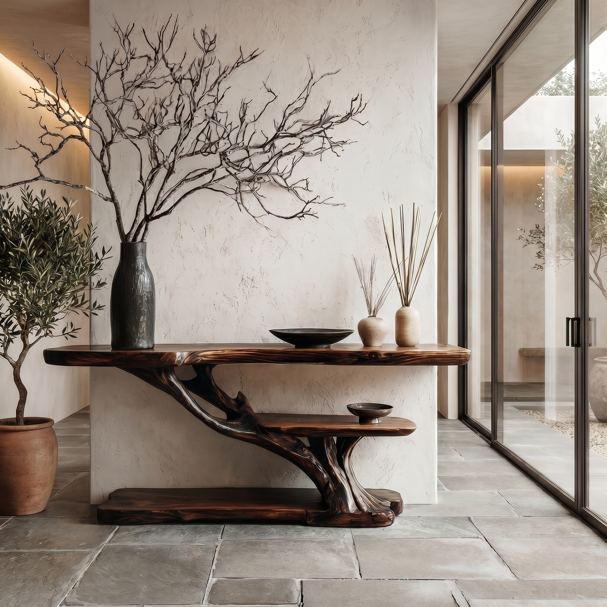 Organic Sculptural Console Table With Handcrafted Wood Base For Hallway
