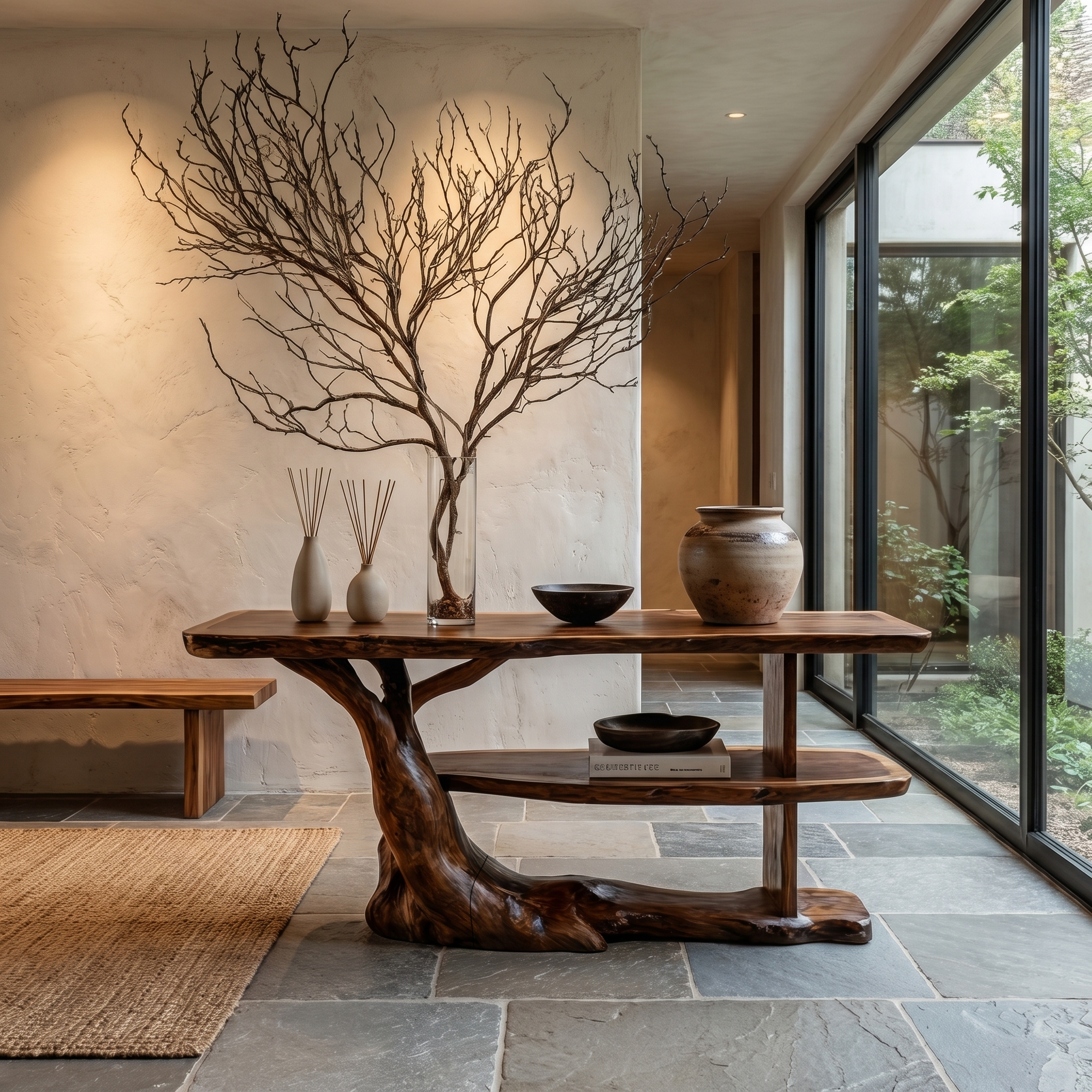 Modern Console Table With Flowing Wood Pedestal Base For Entryway