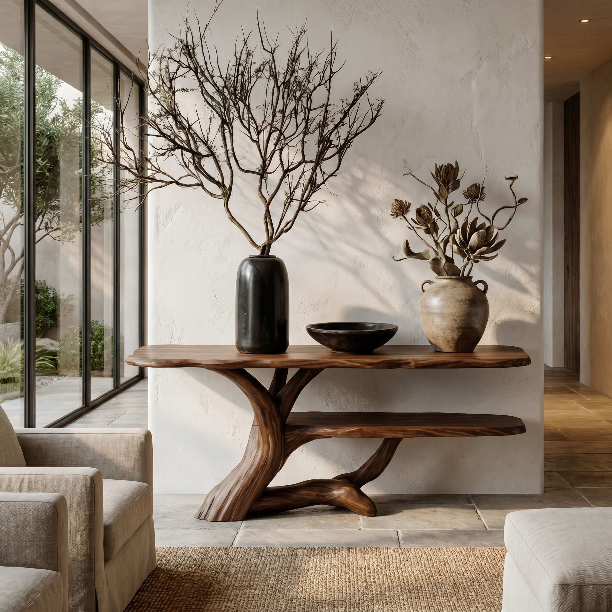 Nature Inspired Console Table With Open Shelf Storage For Living Room