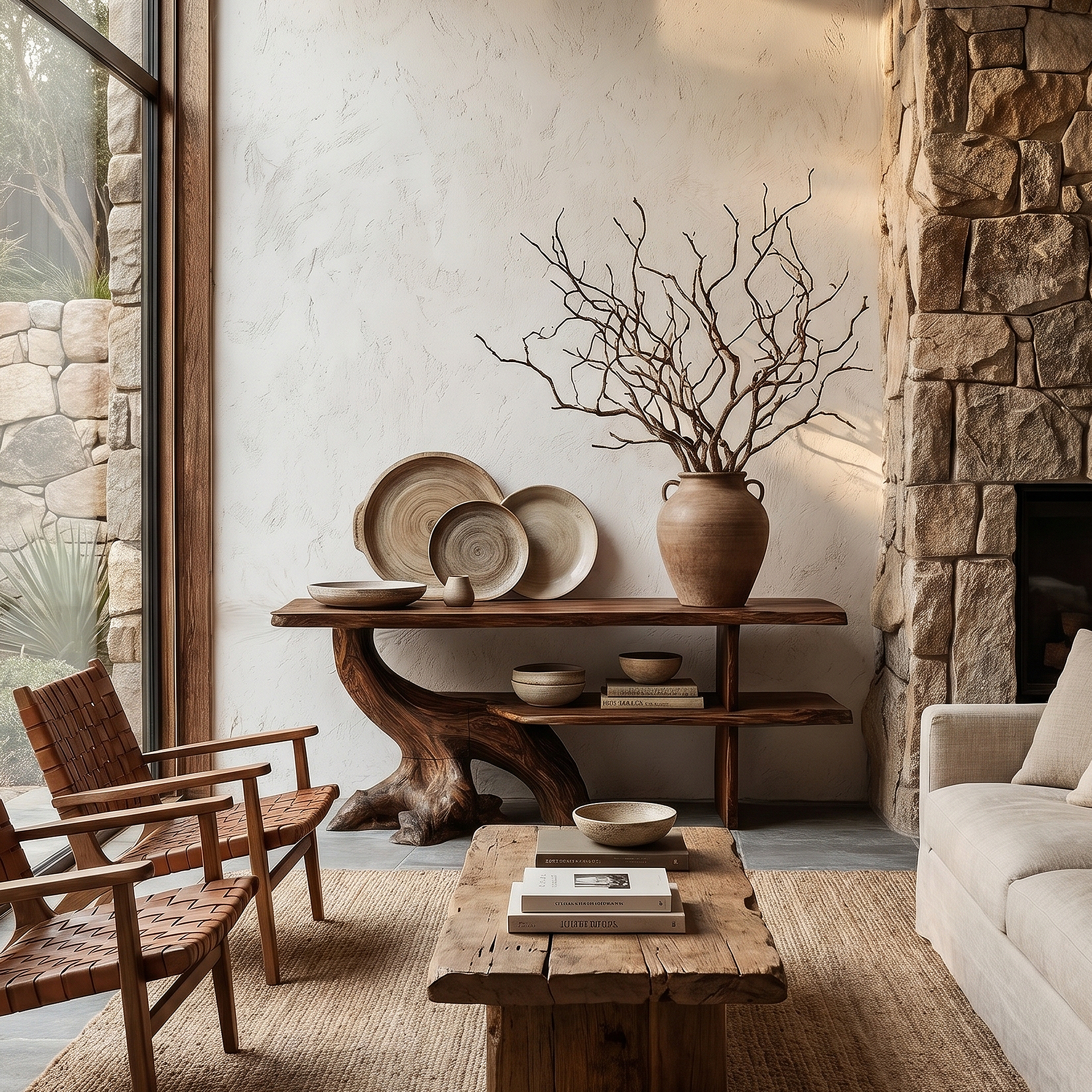 Organic Console Table With Sculptural Tree Branch Base For Entryway And Living Room