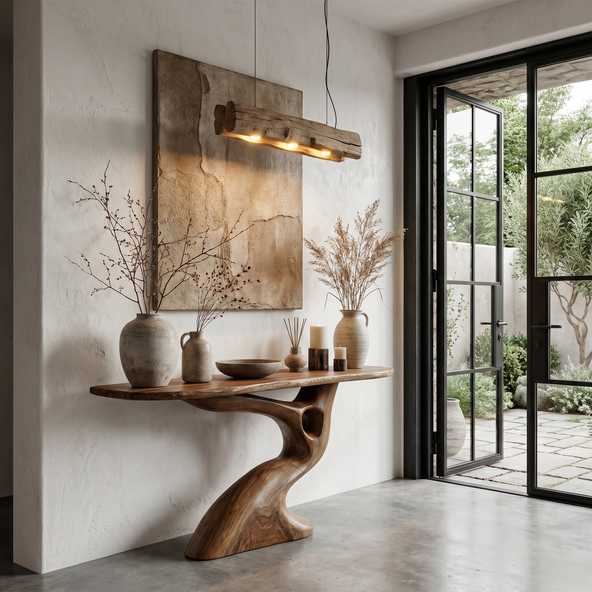 Tree Inspired Console Table With Sculptural Wood Structure For Hallway
