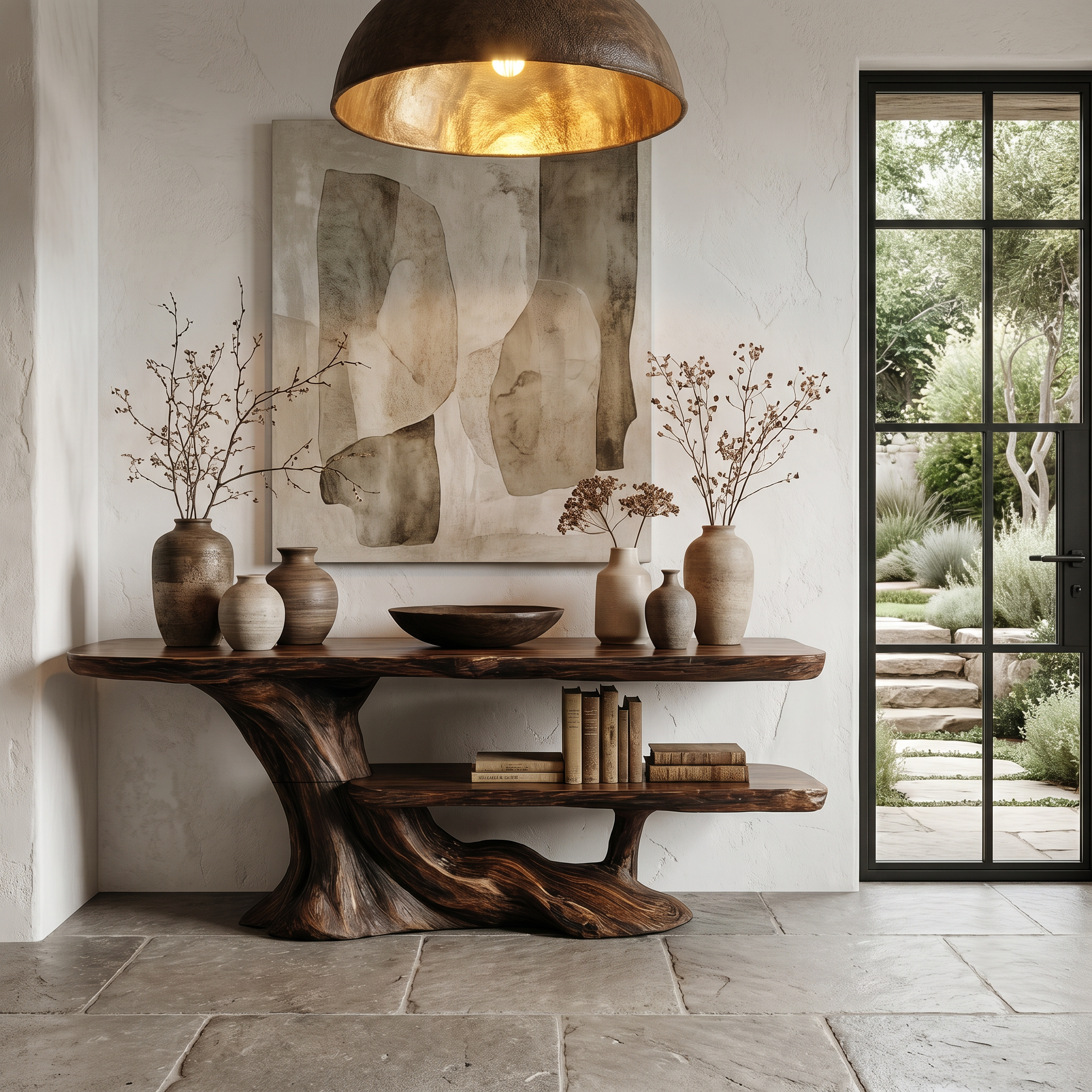 Rustic Console Table With Handcrafted Tree Root Base And Tiered Shelves For Entryway