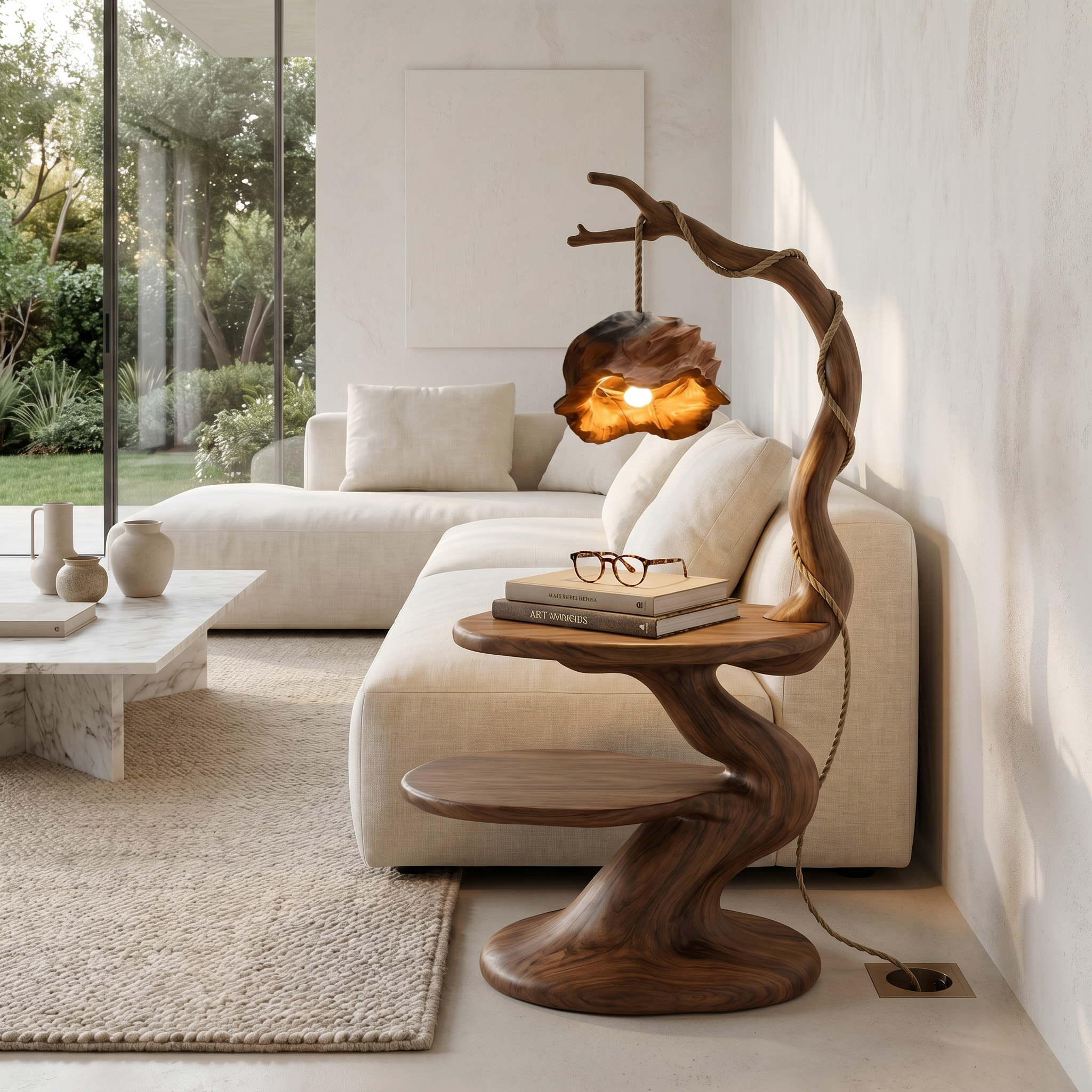 Rustic Beside Table With Tree Root Design And Hanging Lamp For Living Room