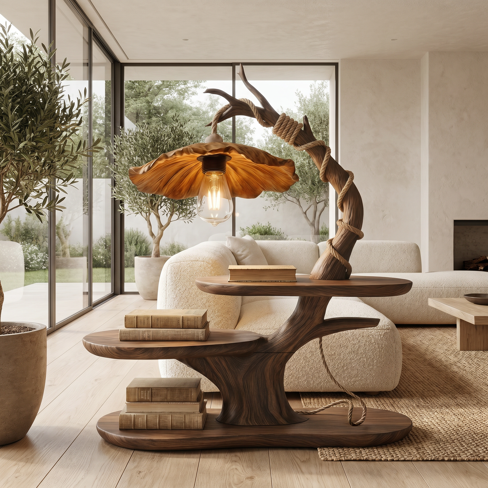 Sculptural Beside Table With Tree Branch Lamp And Open Storage Shelves For Living Room