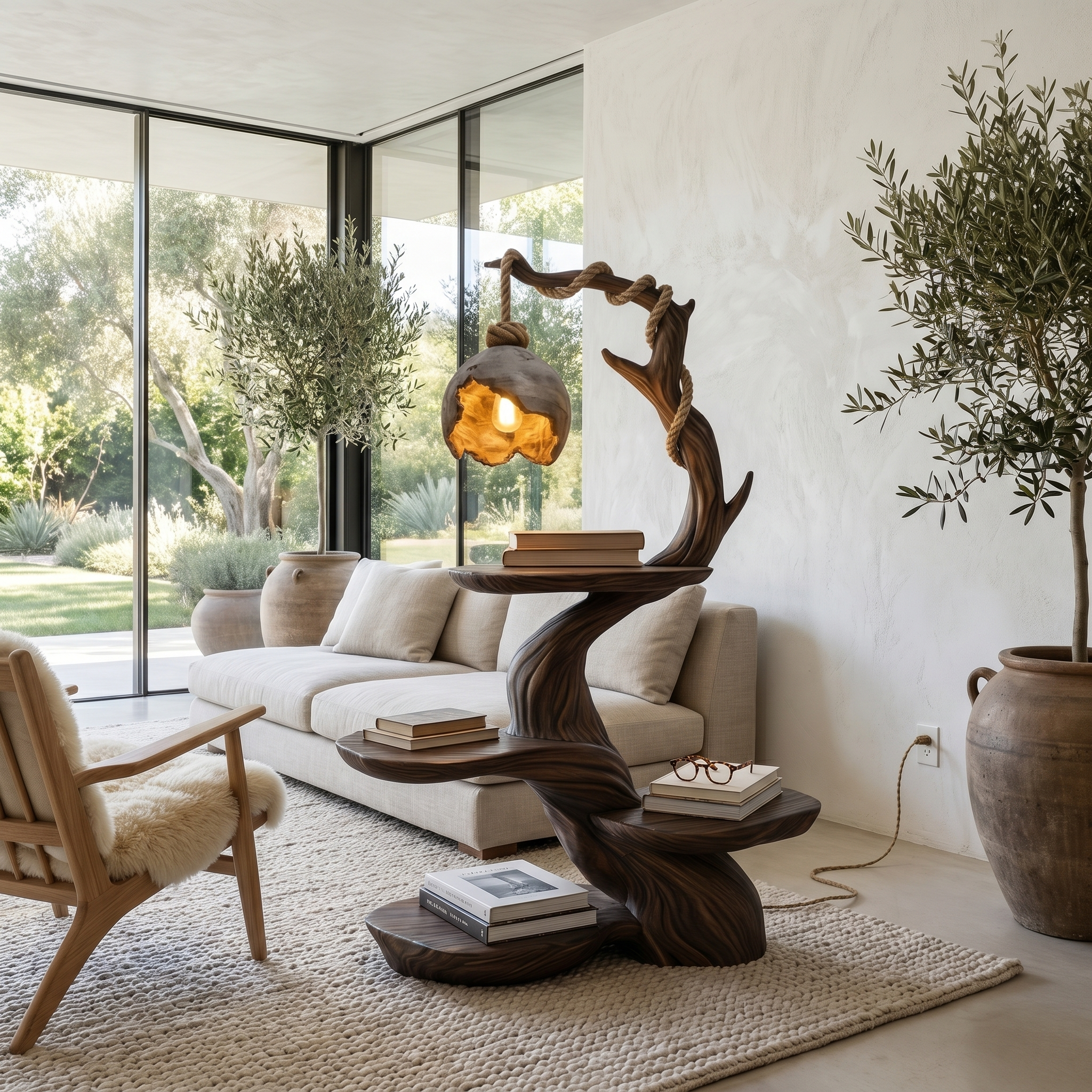 Nature Inspired Beside Table With Sculptural Tree Form And Ambient Lamp For Living Room