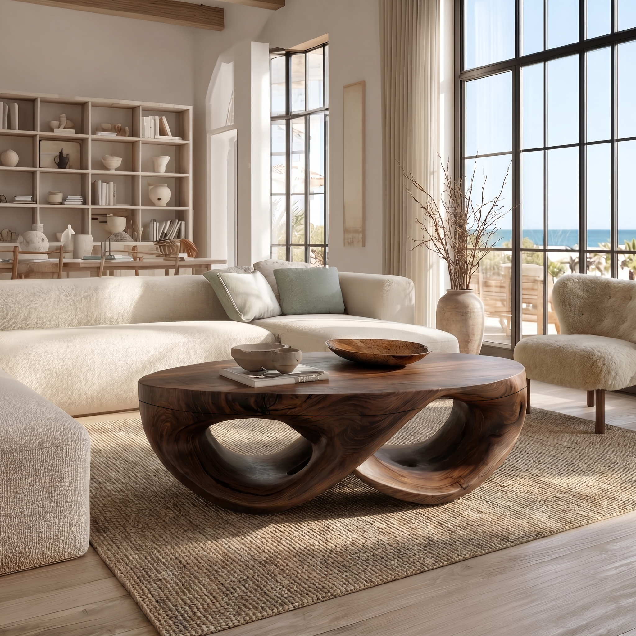Organic Sculptural Coffee Table With Flowing Solid Wood Silhouette For Living Room