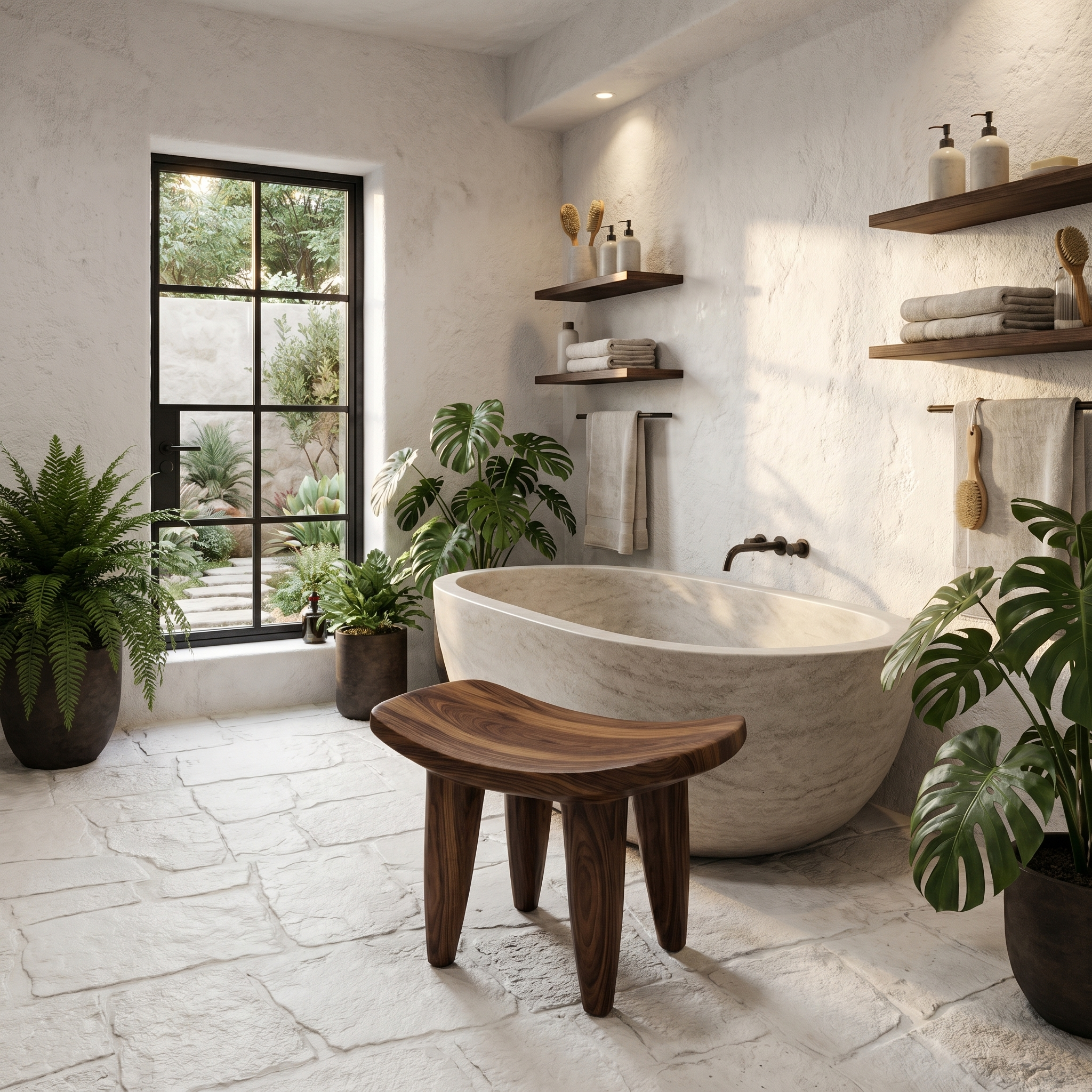 Rustic Wooden Stool With Artistic Solid Wood Form For Bathroom