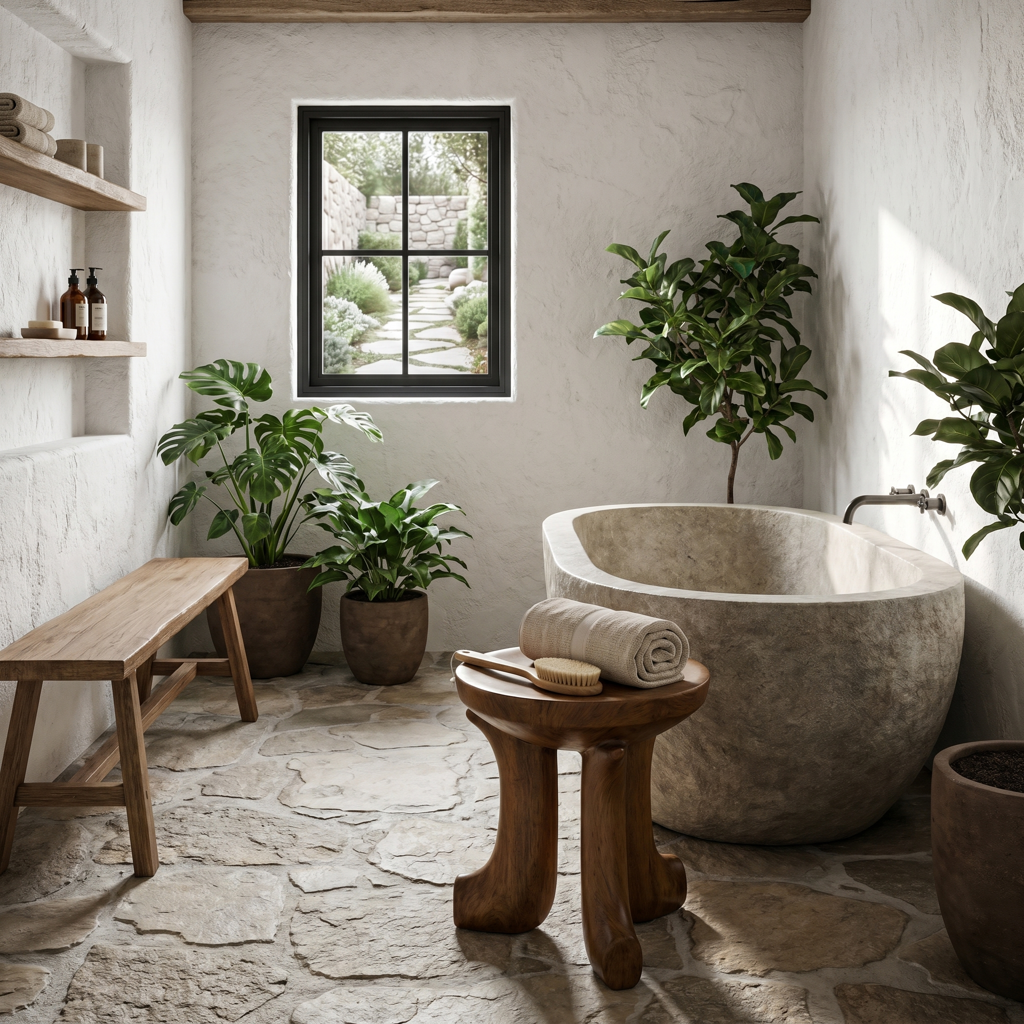 Rustic Bath Stool With Chunky Solid Wood Legs For Bathroom