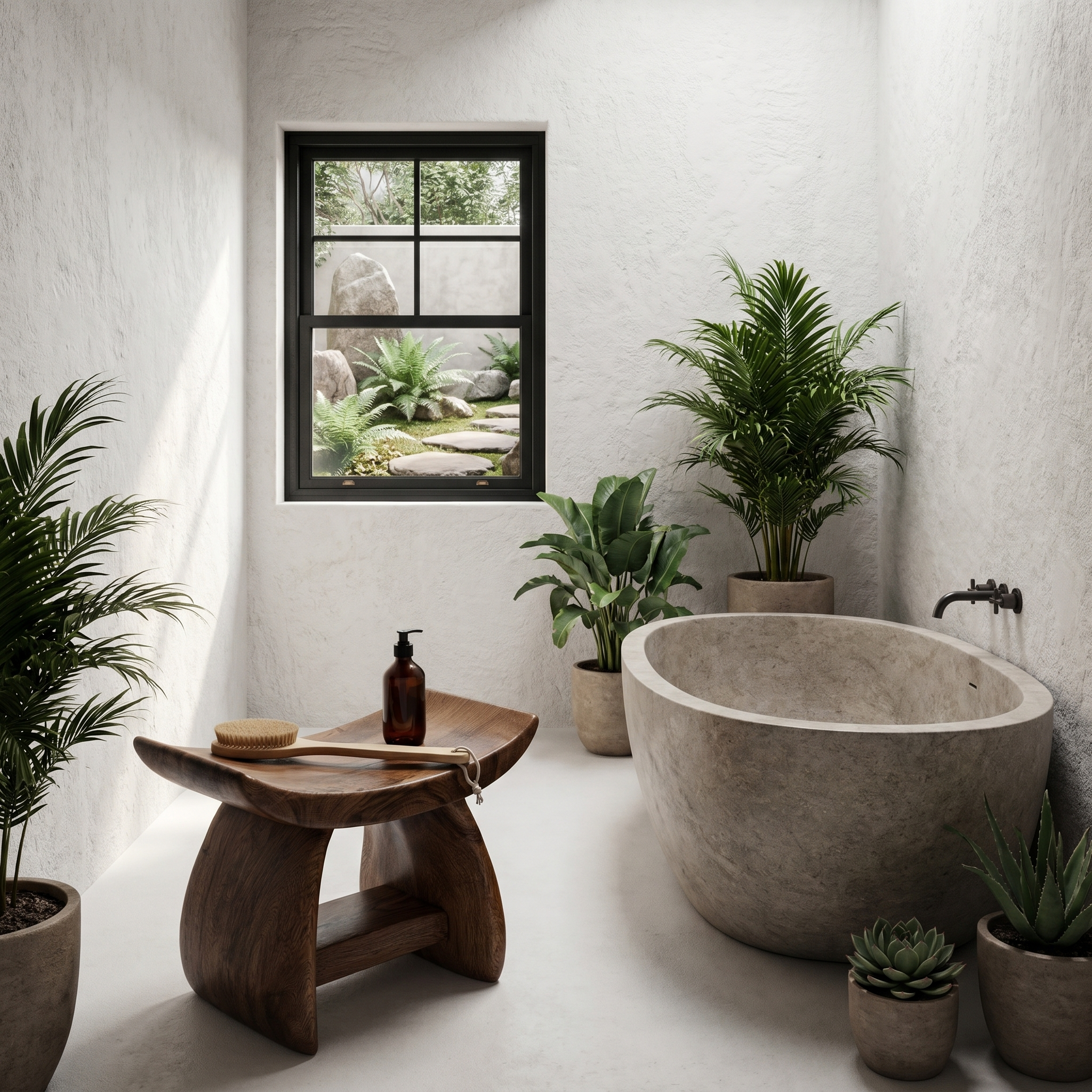 Nature Inspired Bathroom Stool With Sculptural Wood Design For Bathroom