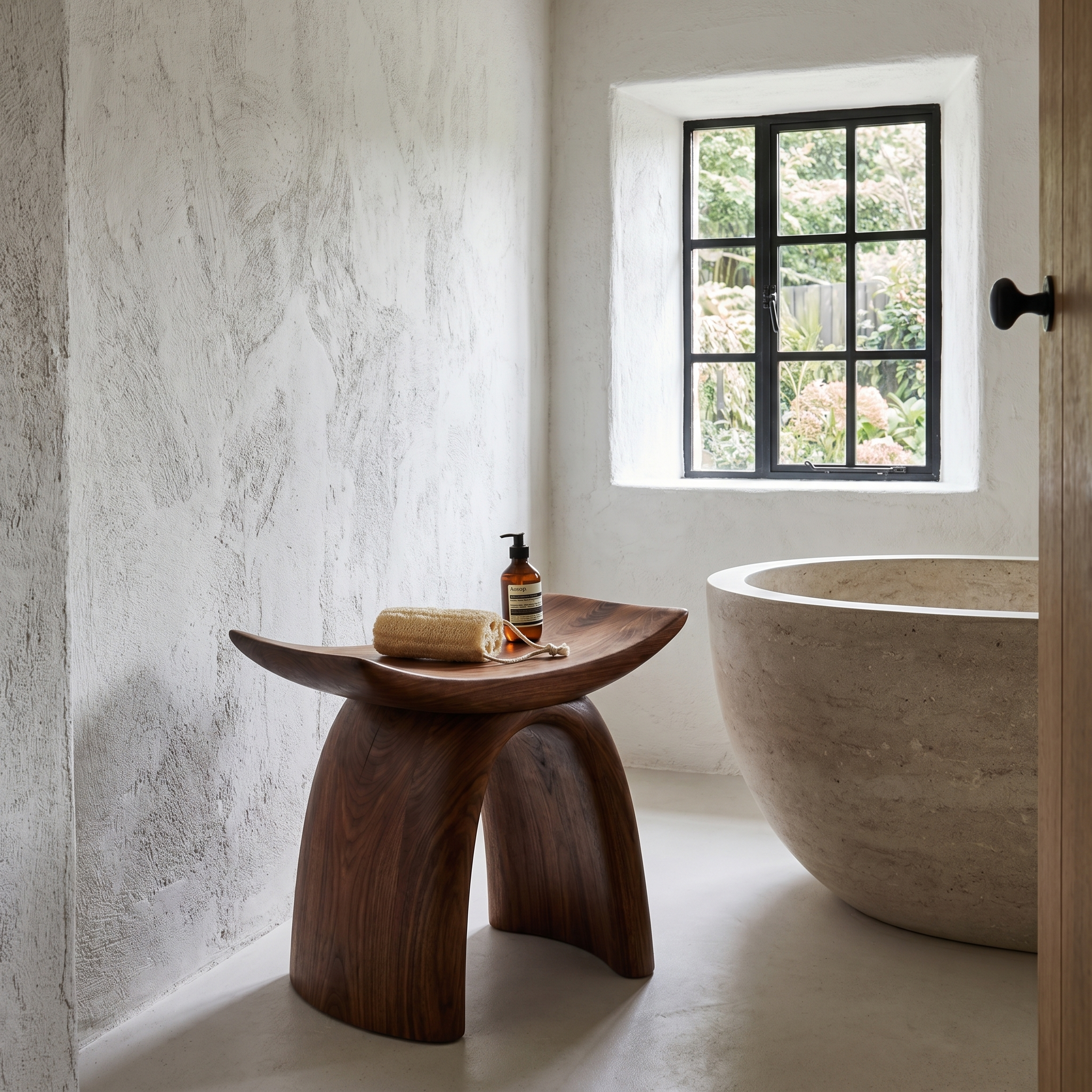 Organic Modern Shower Stool With Sculptural Wood Base For Bathroom