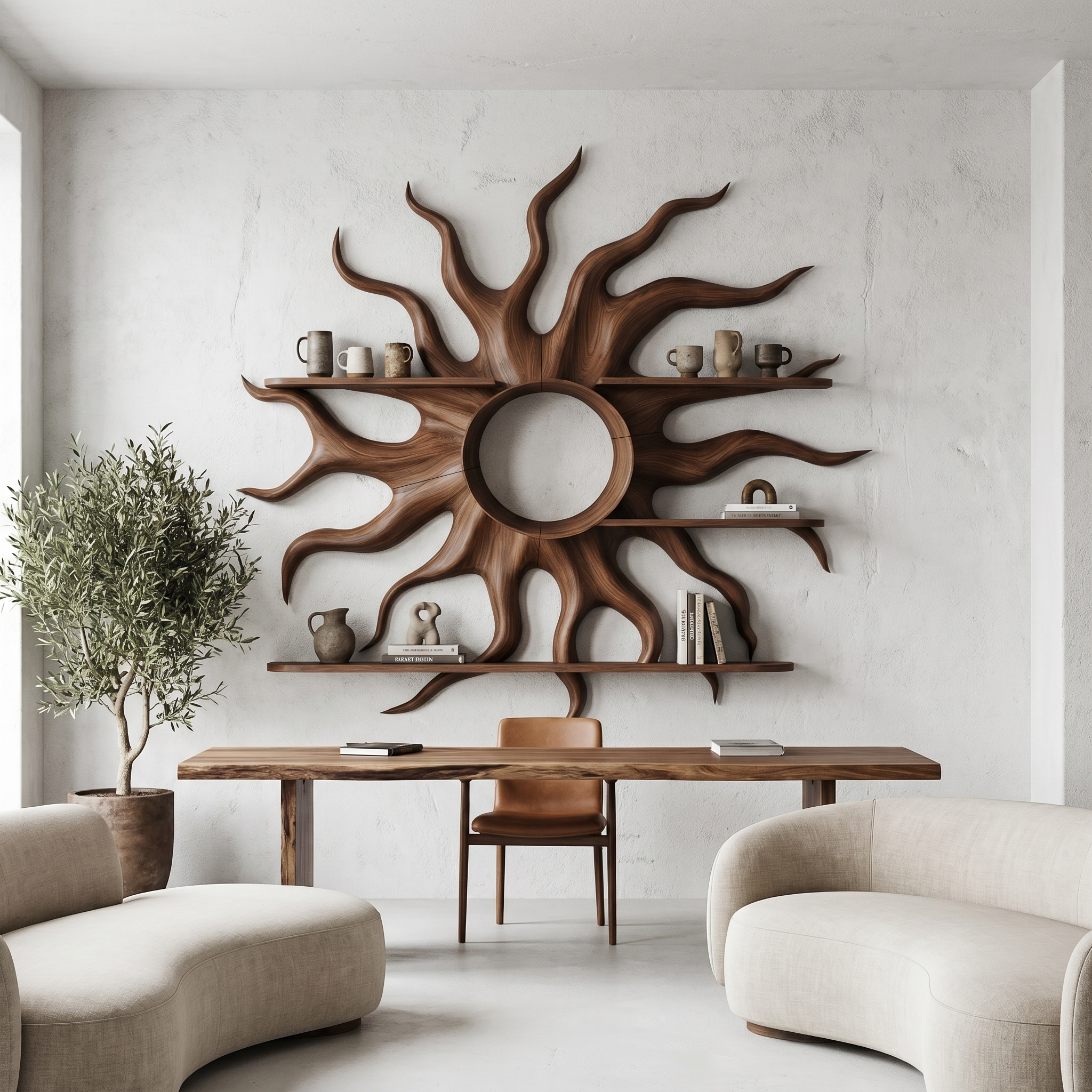 Sculptural Sun Wall Shelf With Floating Shelf For Home Decor