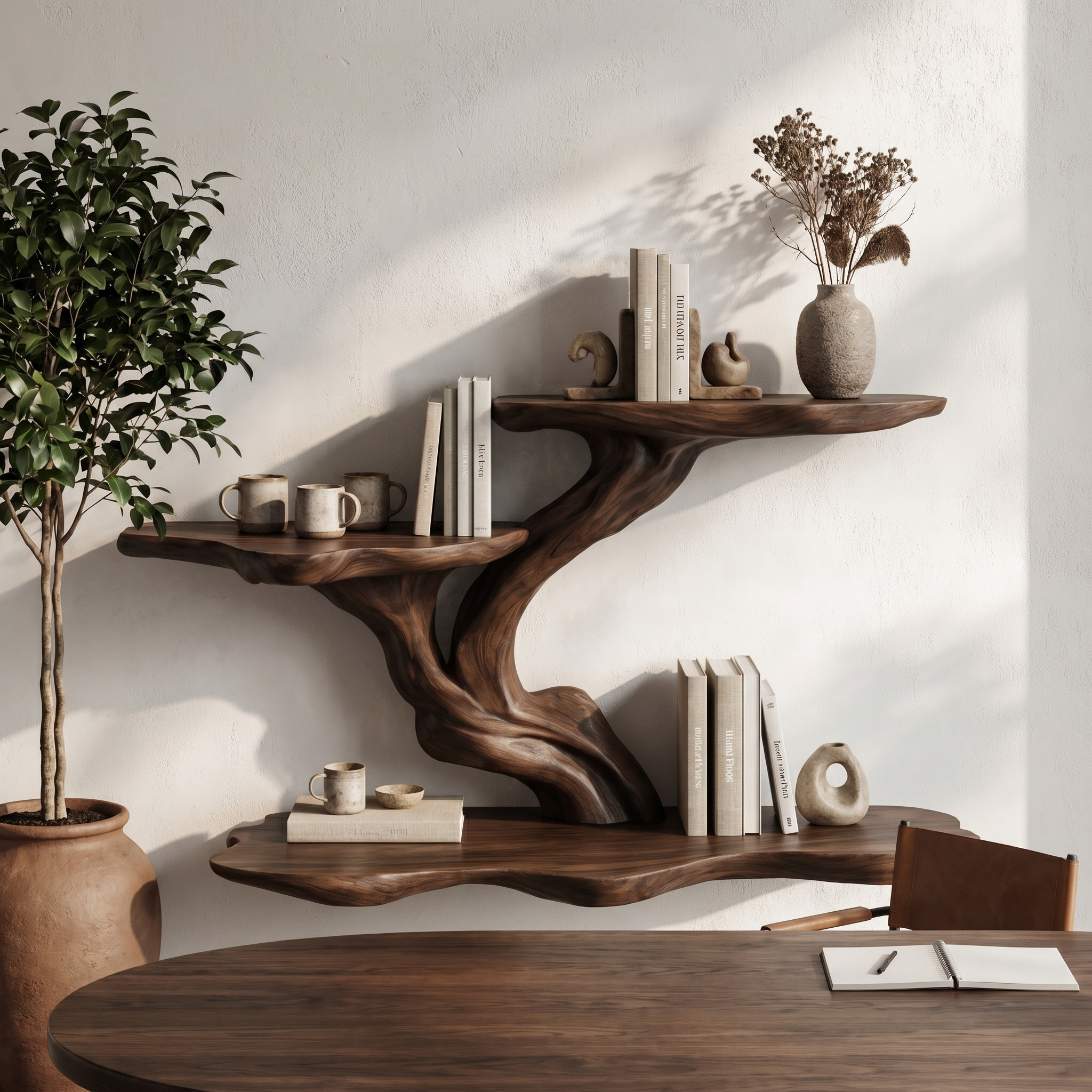 Organic Tree Branch Floating Shelf With Sculptural Wall Storage For Living Room