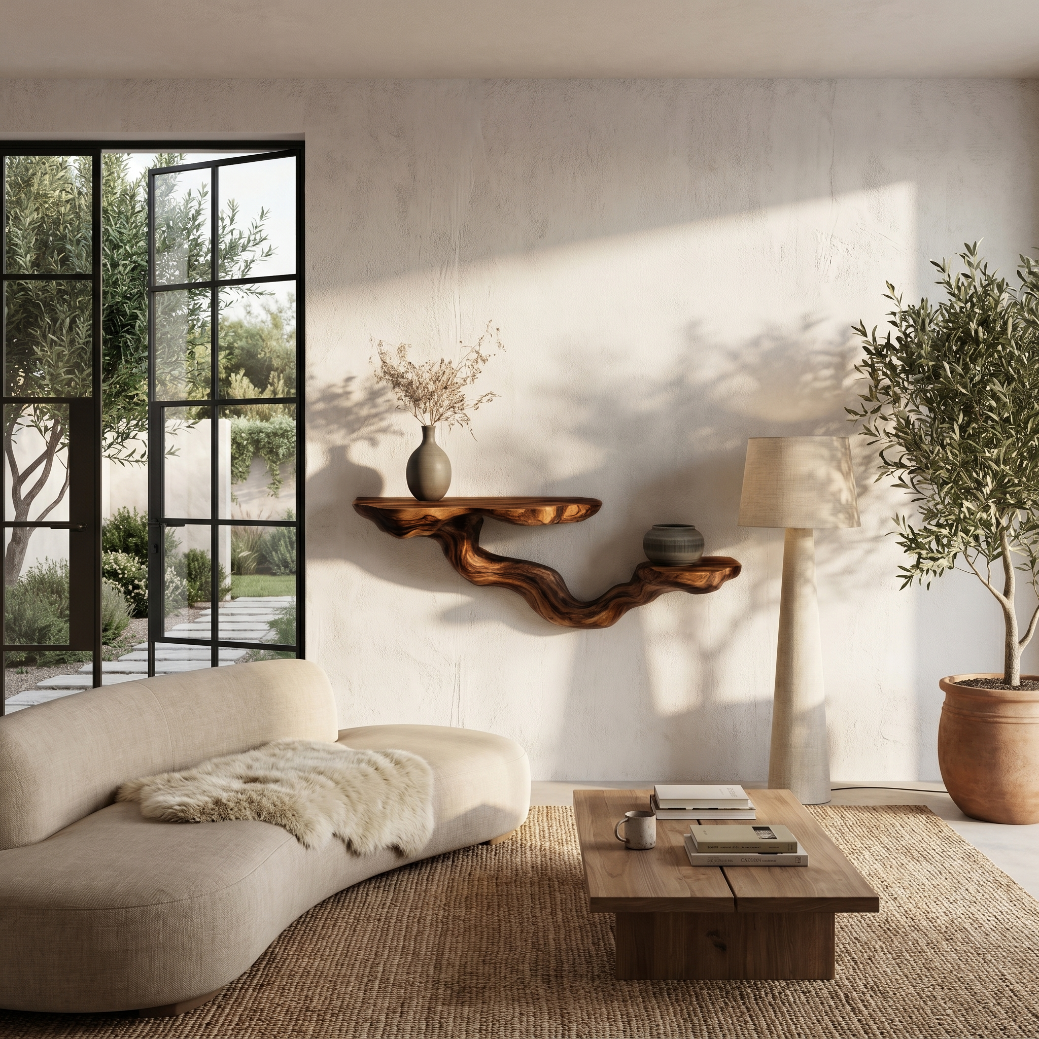Rustic Floating Shelf With Sculptural Tree Branch Form For Home Decor